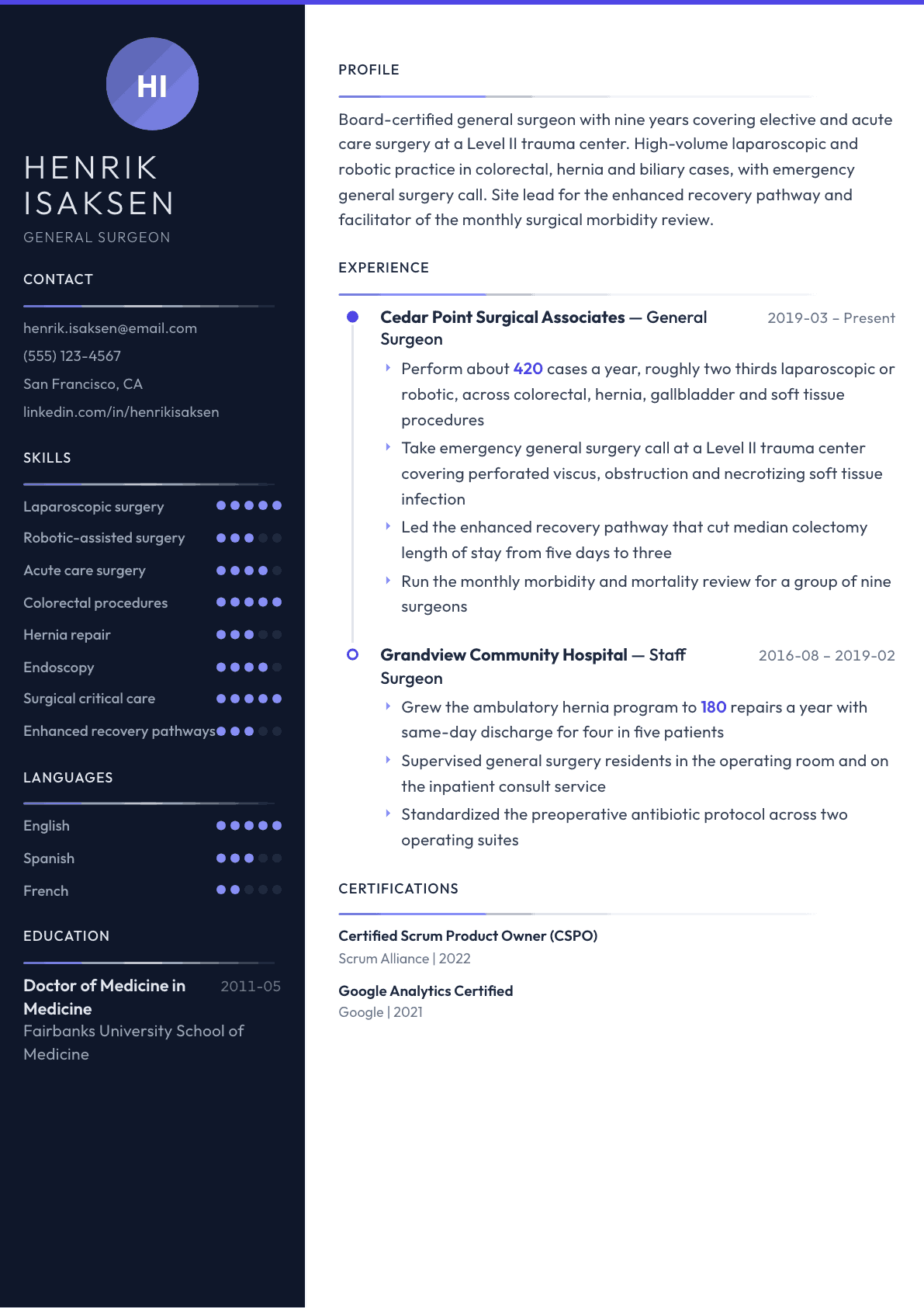 Surgeon resume example, Zenith template