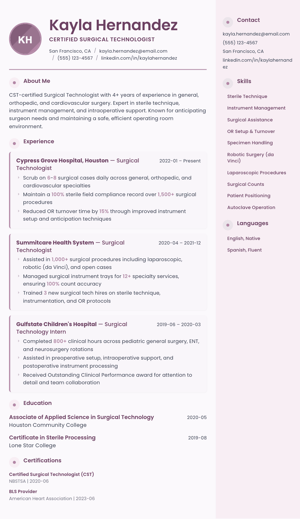 Surgical Technologist resume example, Bloom template