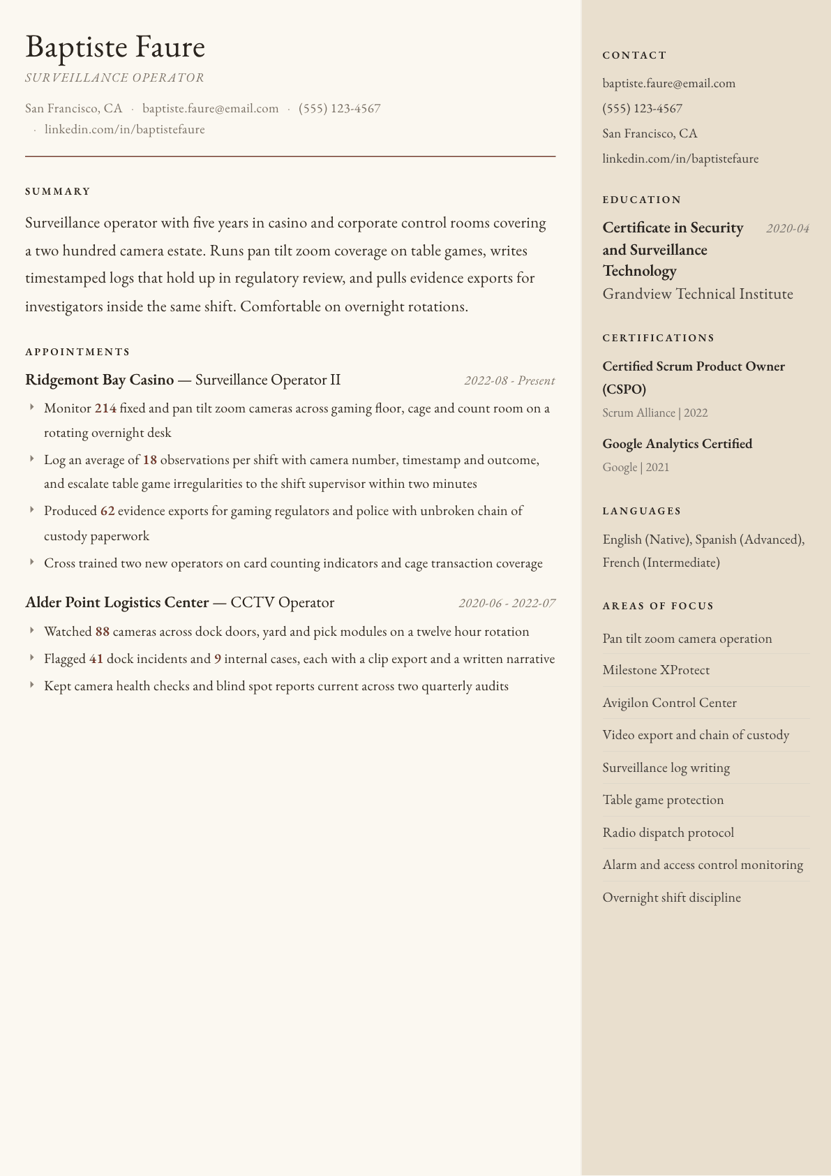 Surveillance Operator resume example, Manuscript template