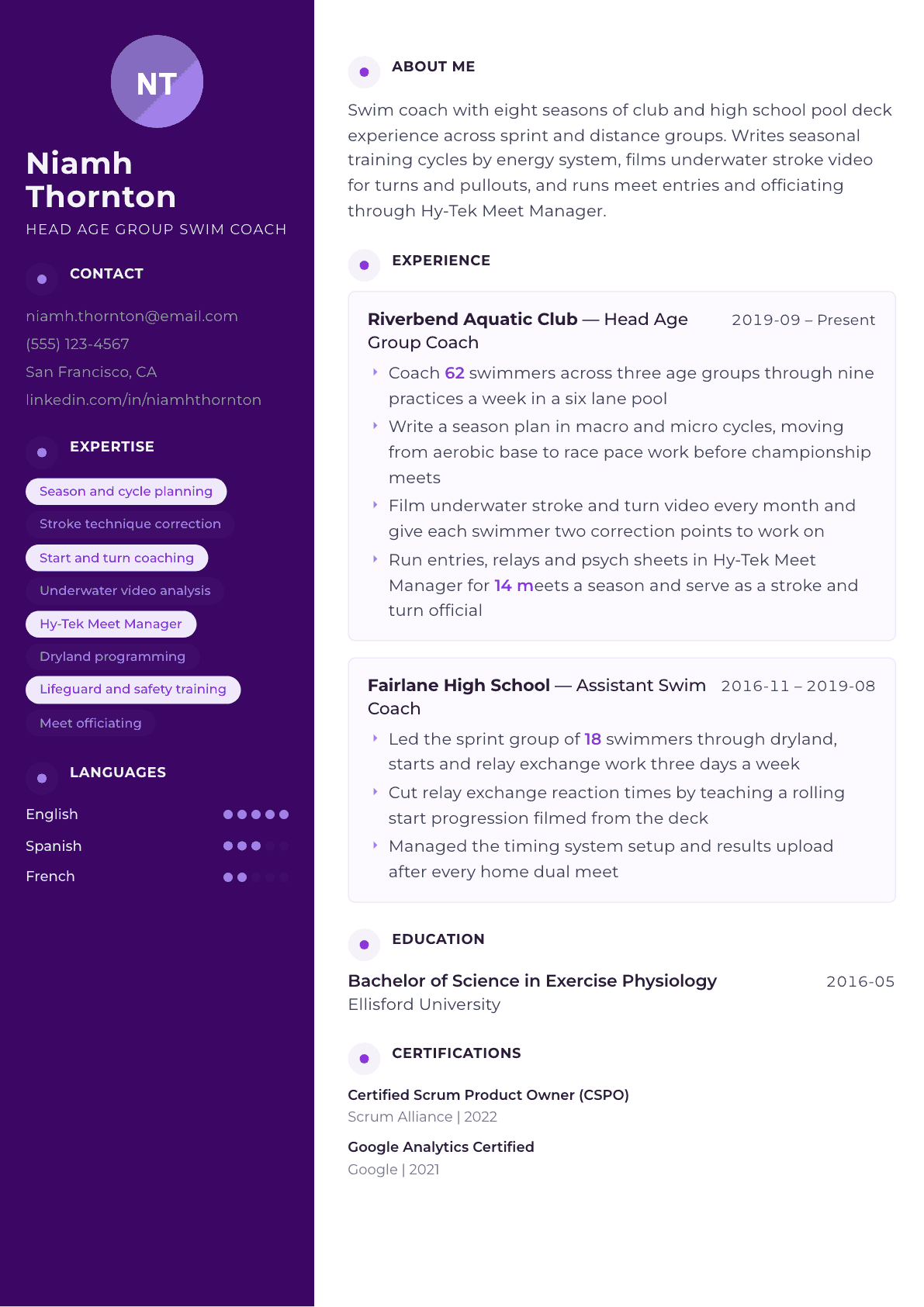 Swim Coach resume example, Palette template