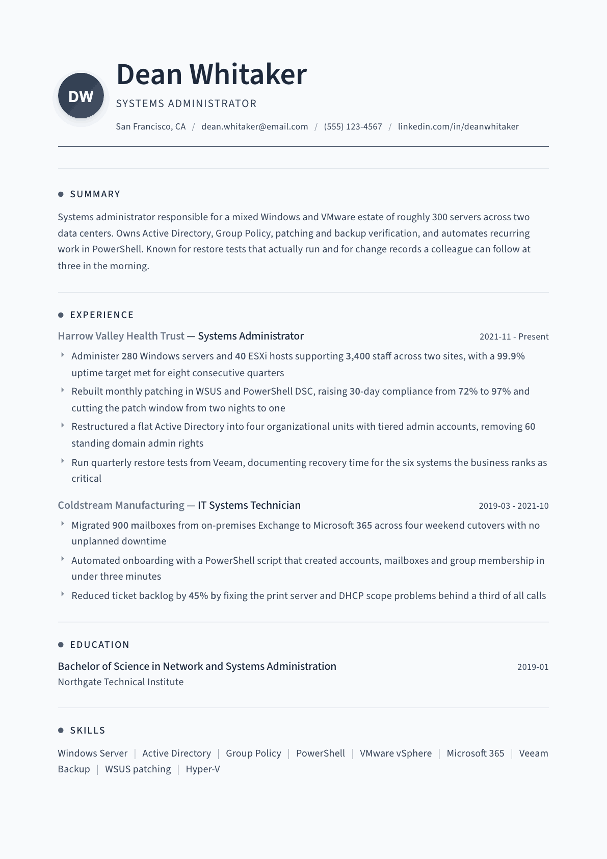 System Administrator resume example, Thread template