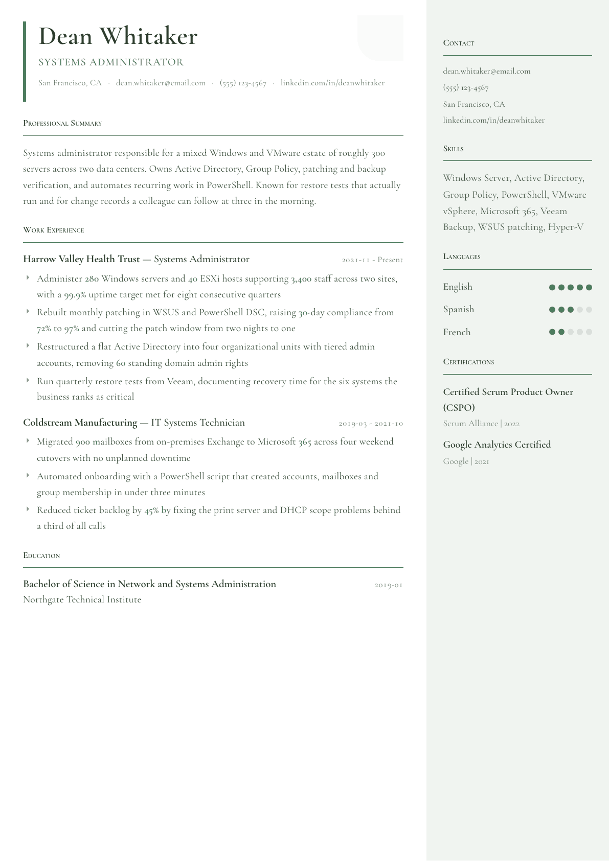 System Administrator resume example, Copenhagen template