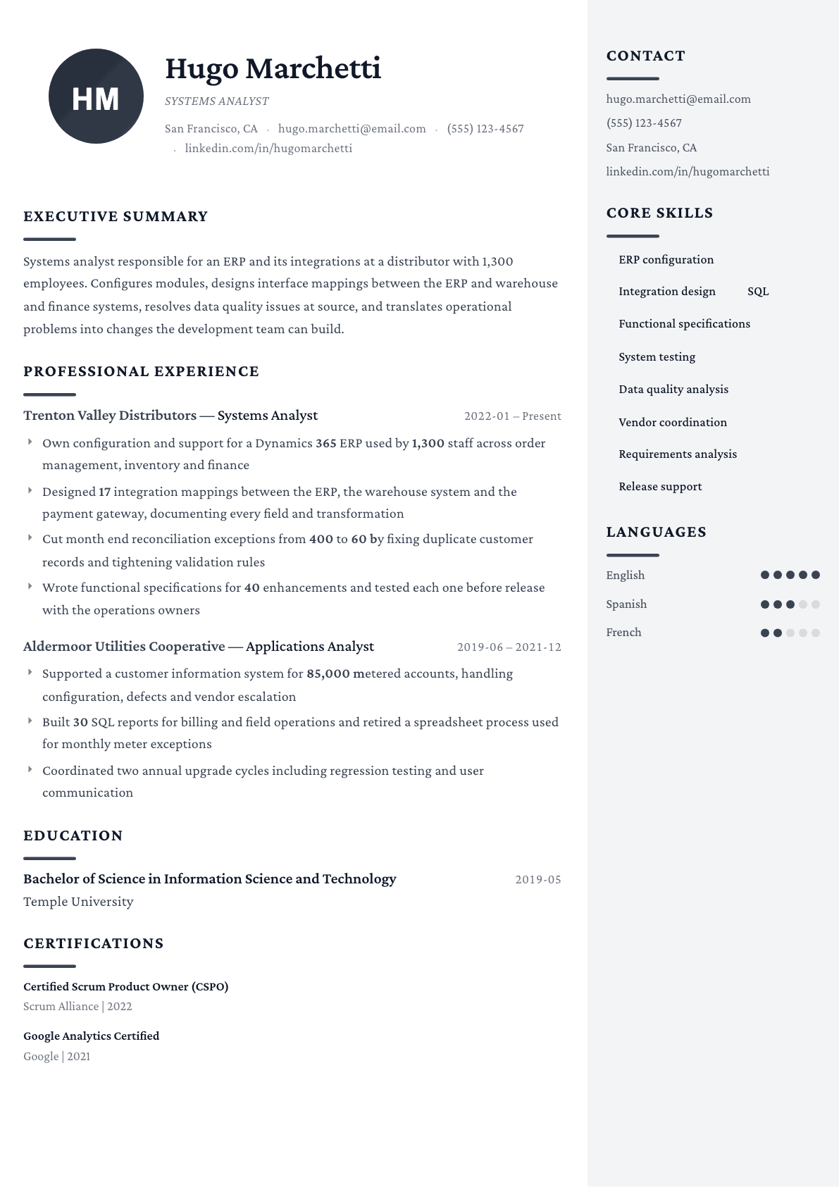 Systems Analyst resume example, Monarch template