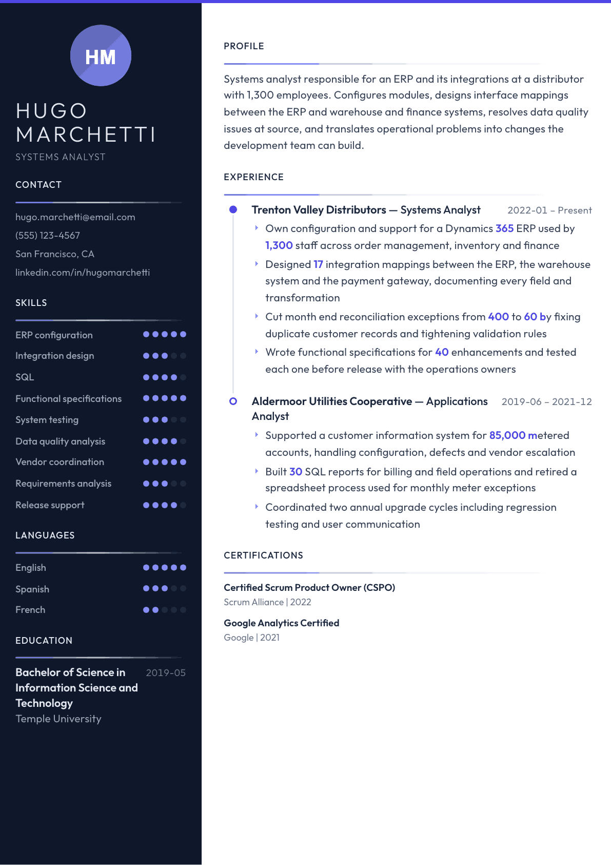Systems Analyst resume example, Zenith template