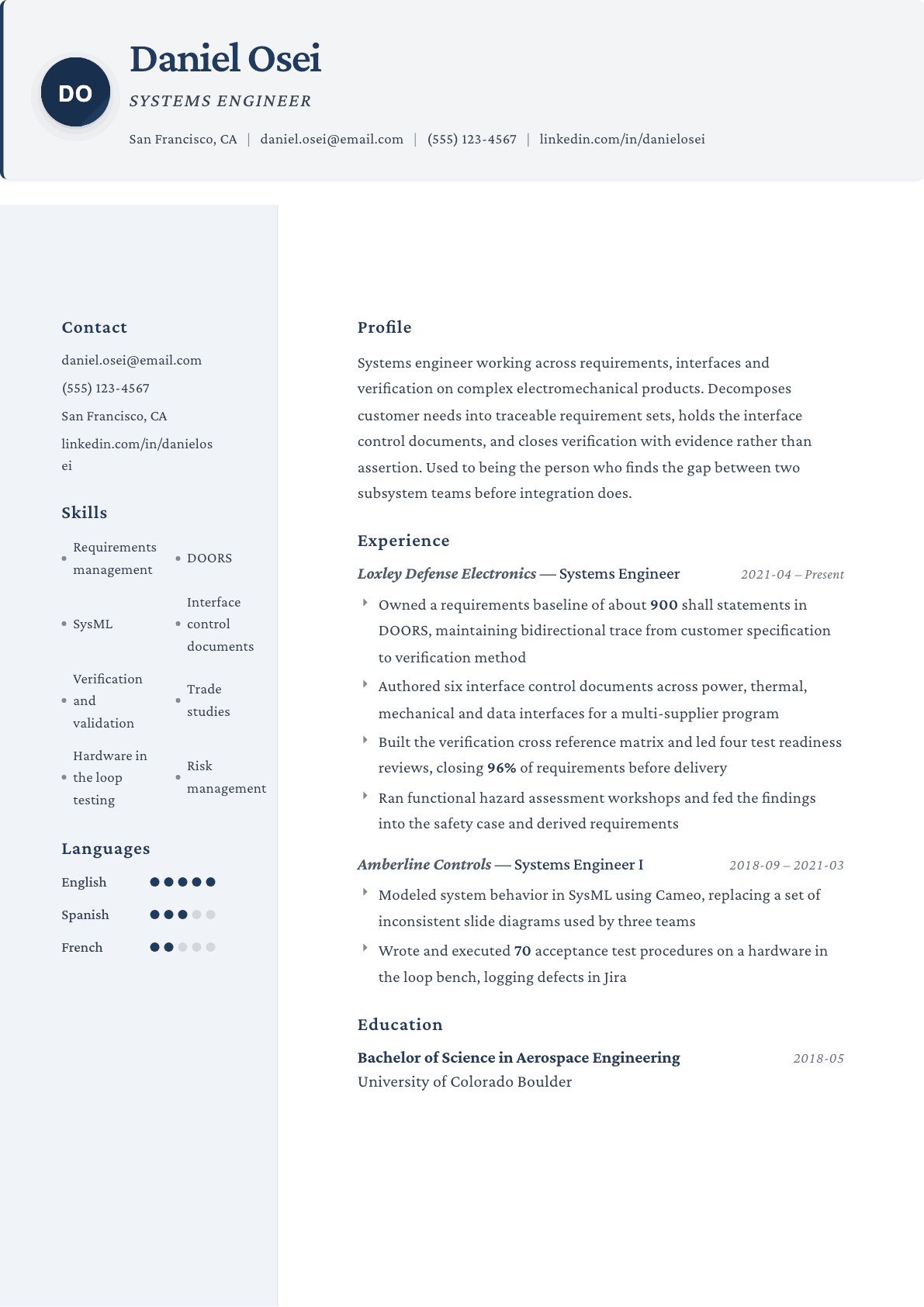 Systems Engineer resume example, Formal template