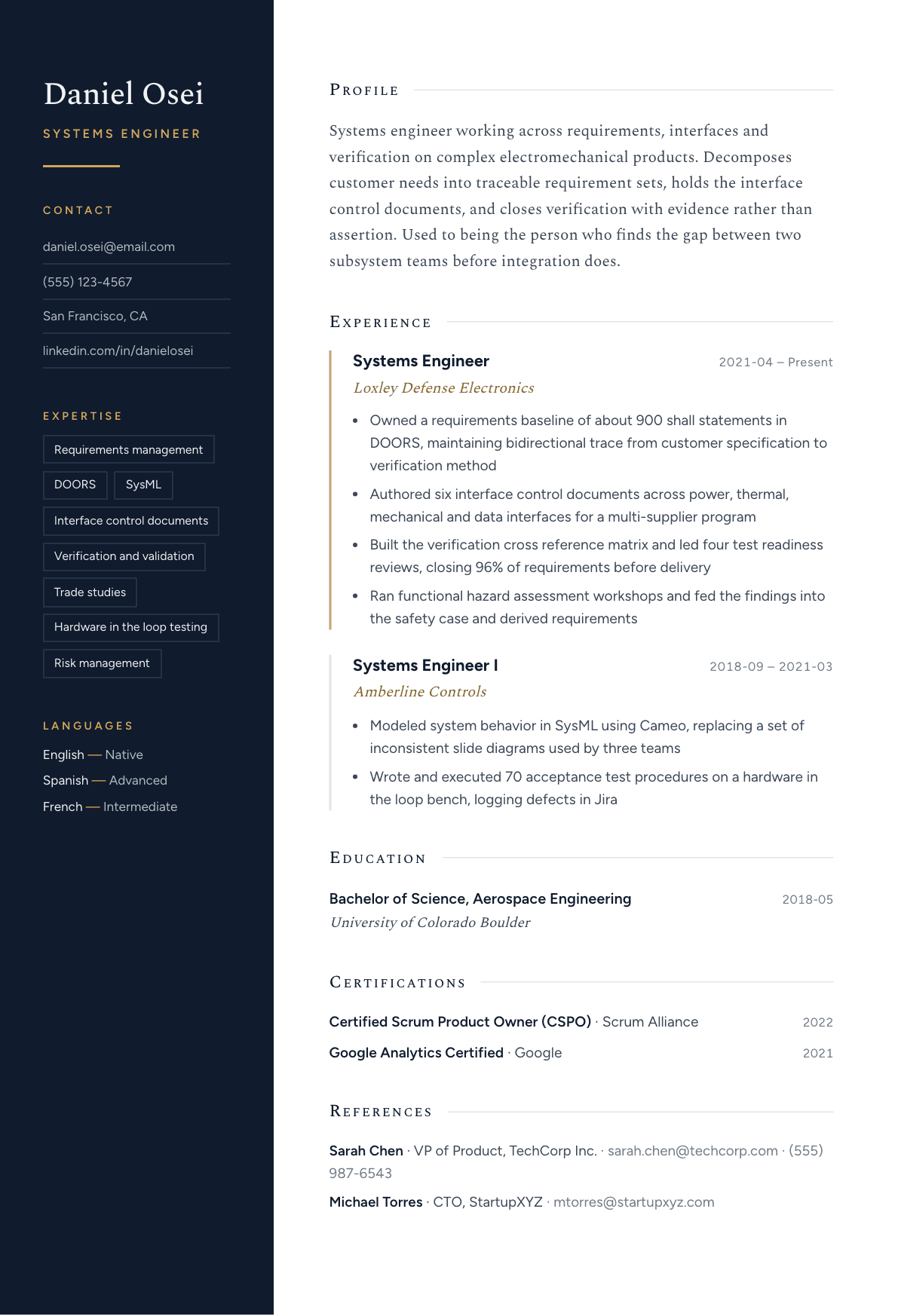 Systems Engineer resume example, Nocturne template