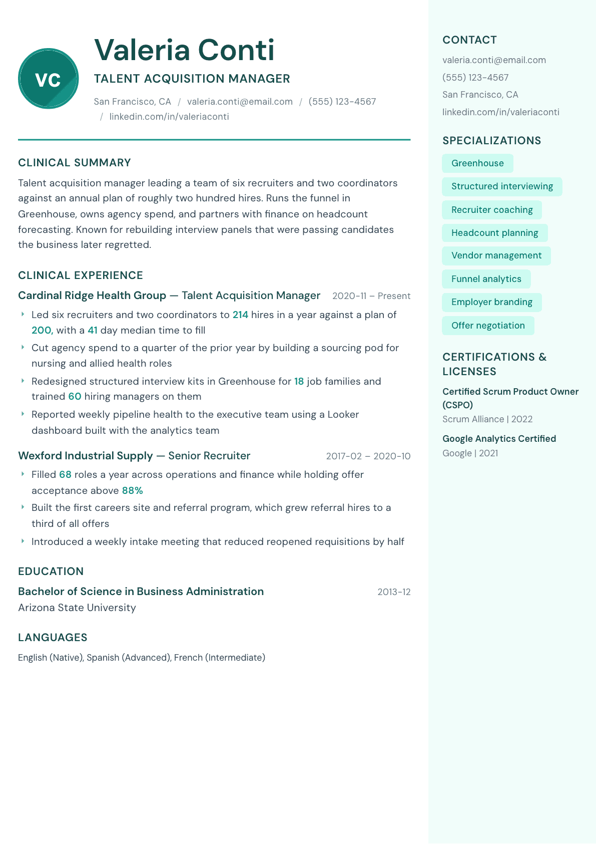 Talent Acquisition Manager resume example, Remedy template