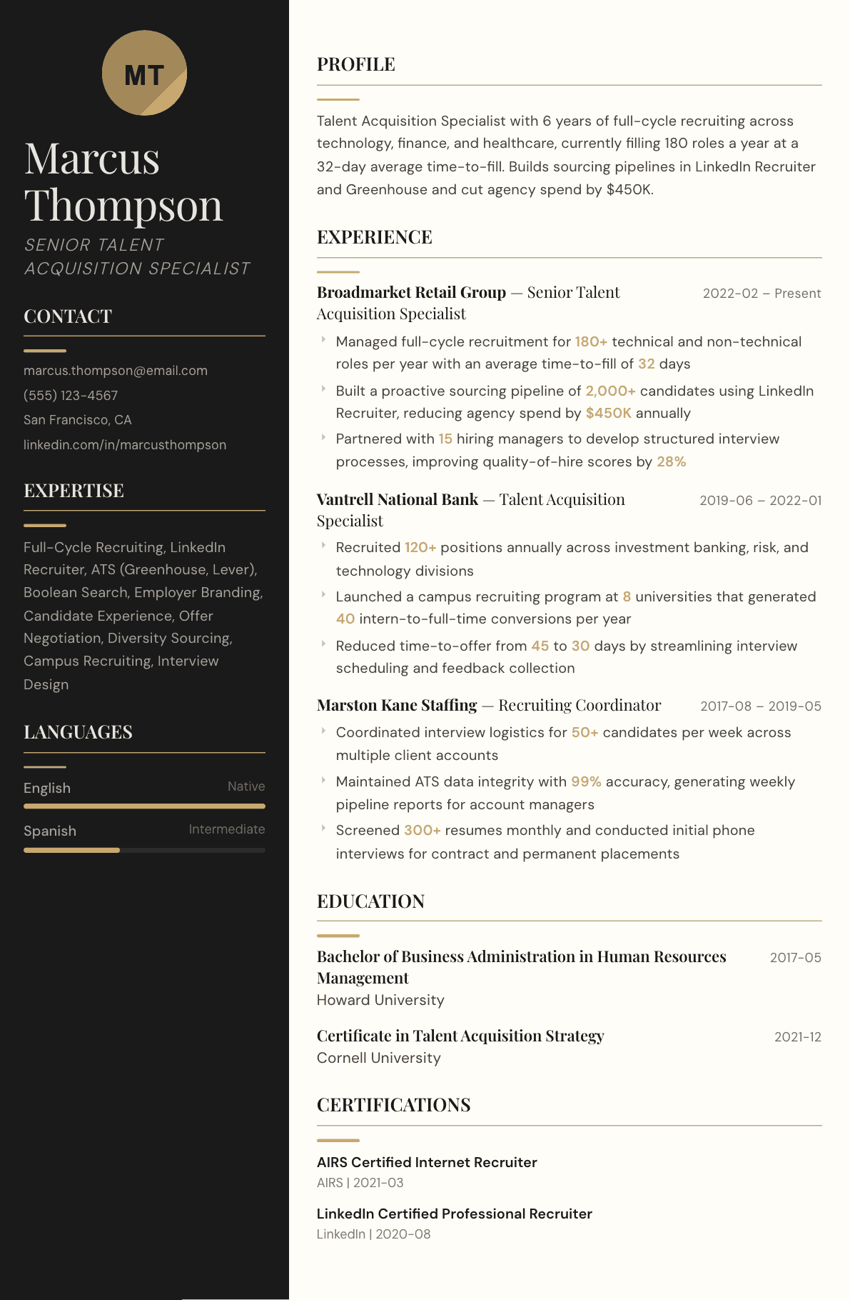Talent Acquisition Specialist resume example, Obsidian template