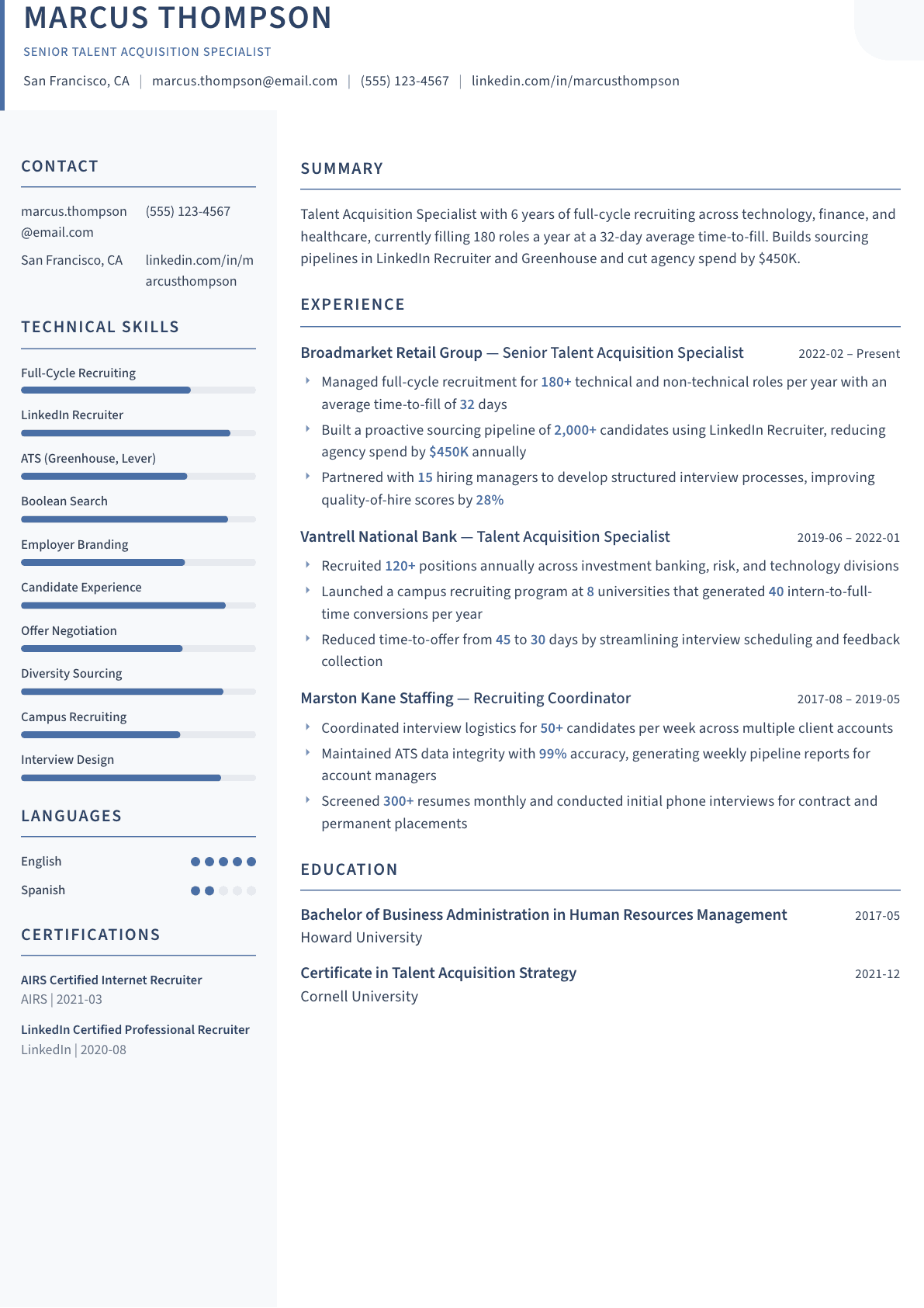 Talent Acquisition Specialist resume example, Summit template