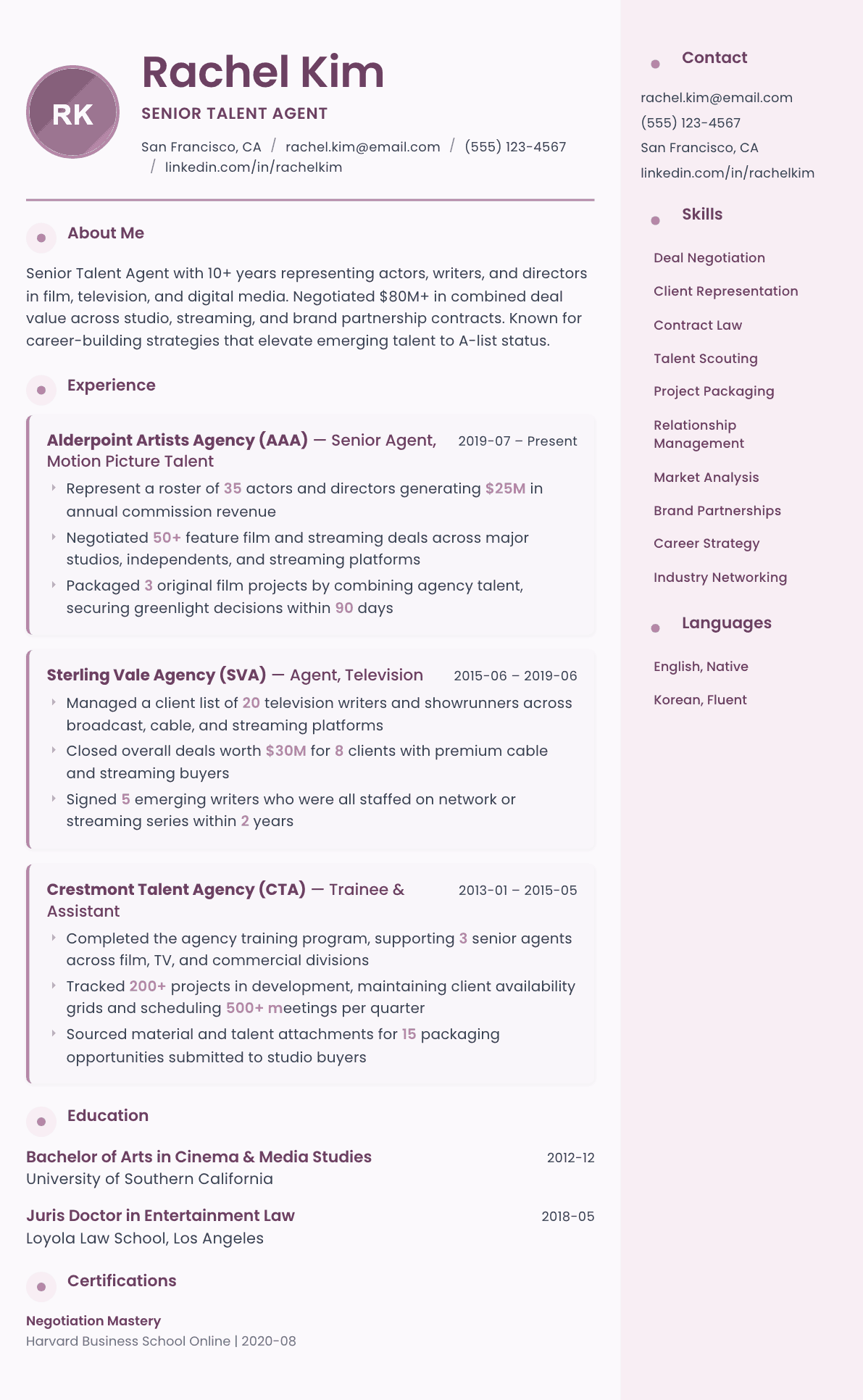 Talent Agent resume example, Bloom template