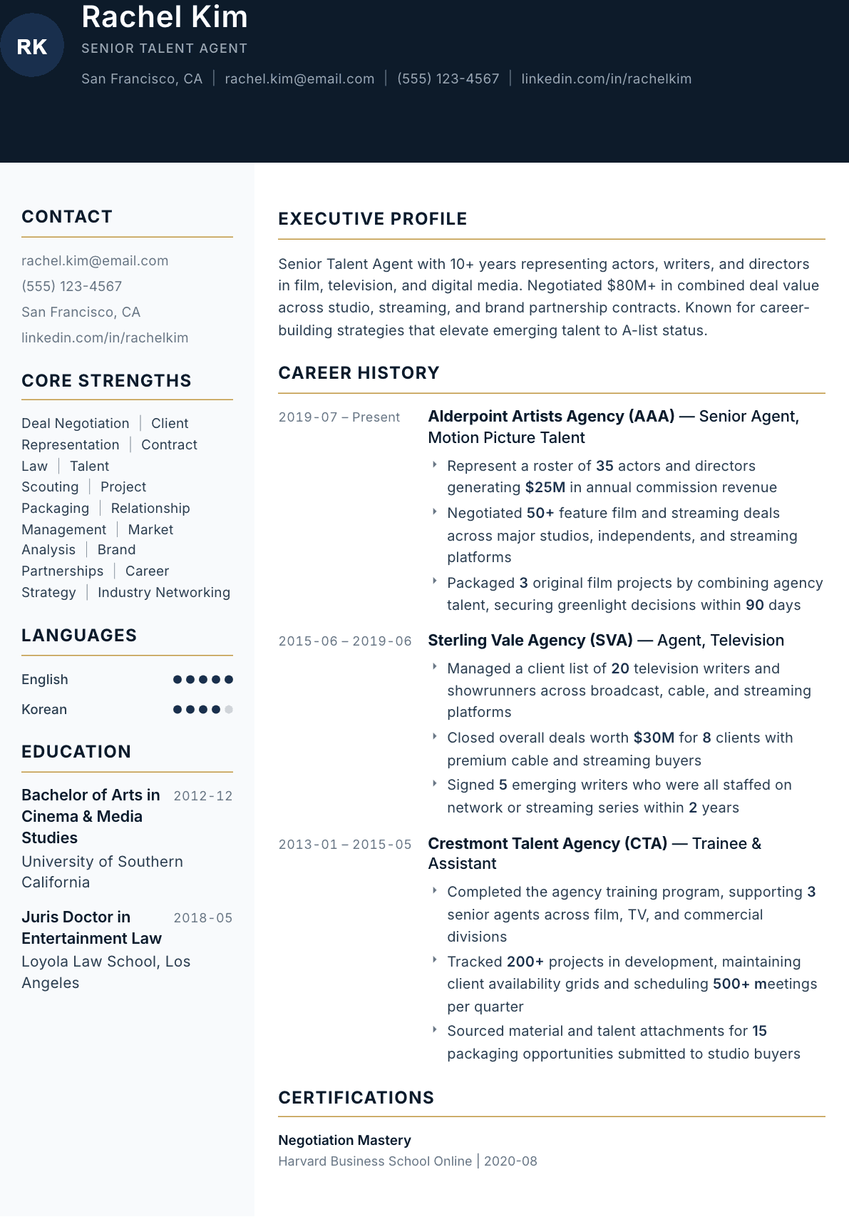Talent Agent resume example, Consulate template