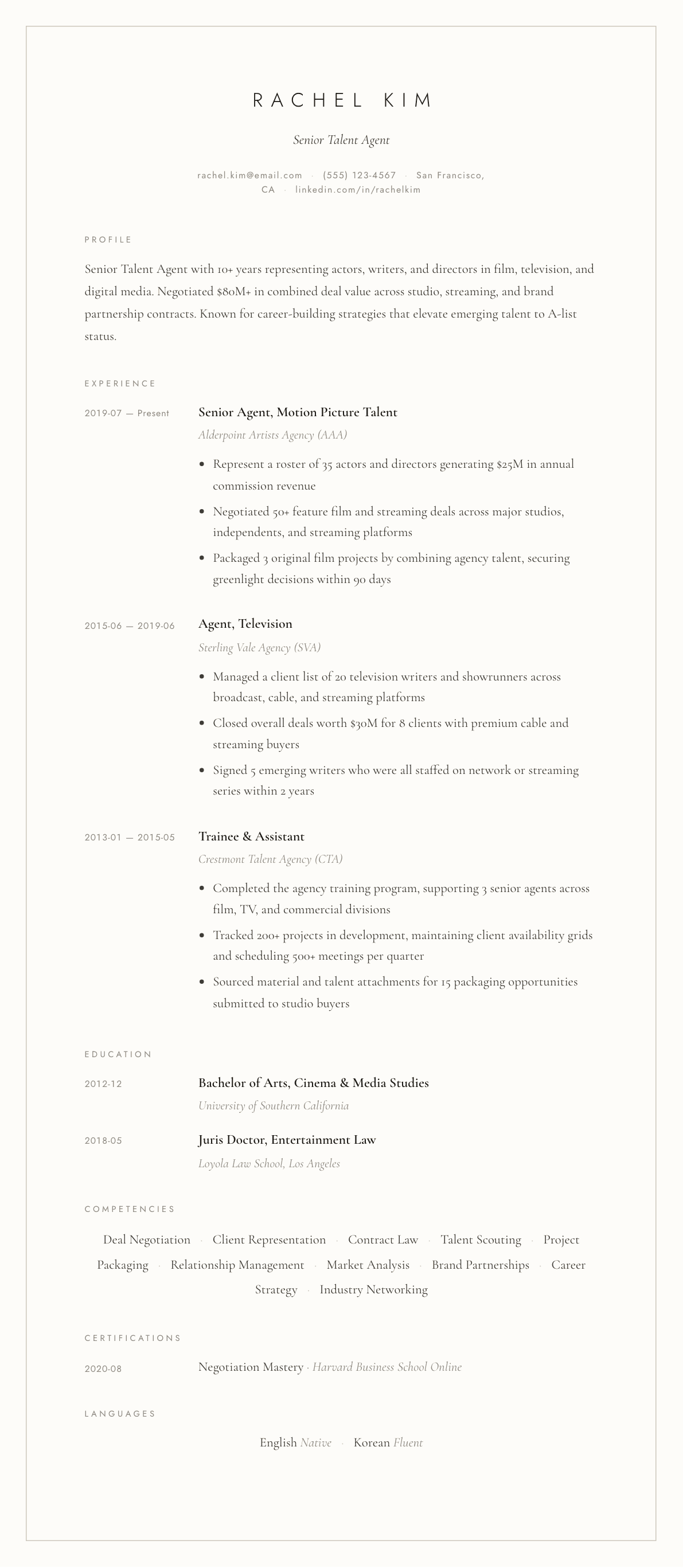 Talent Agent resume example, Vellum template