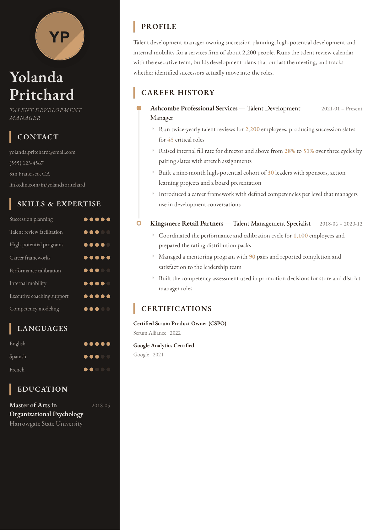 Talent Development Manager resume example, Heritage template