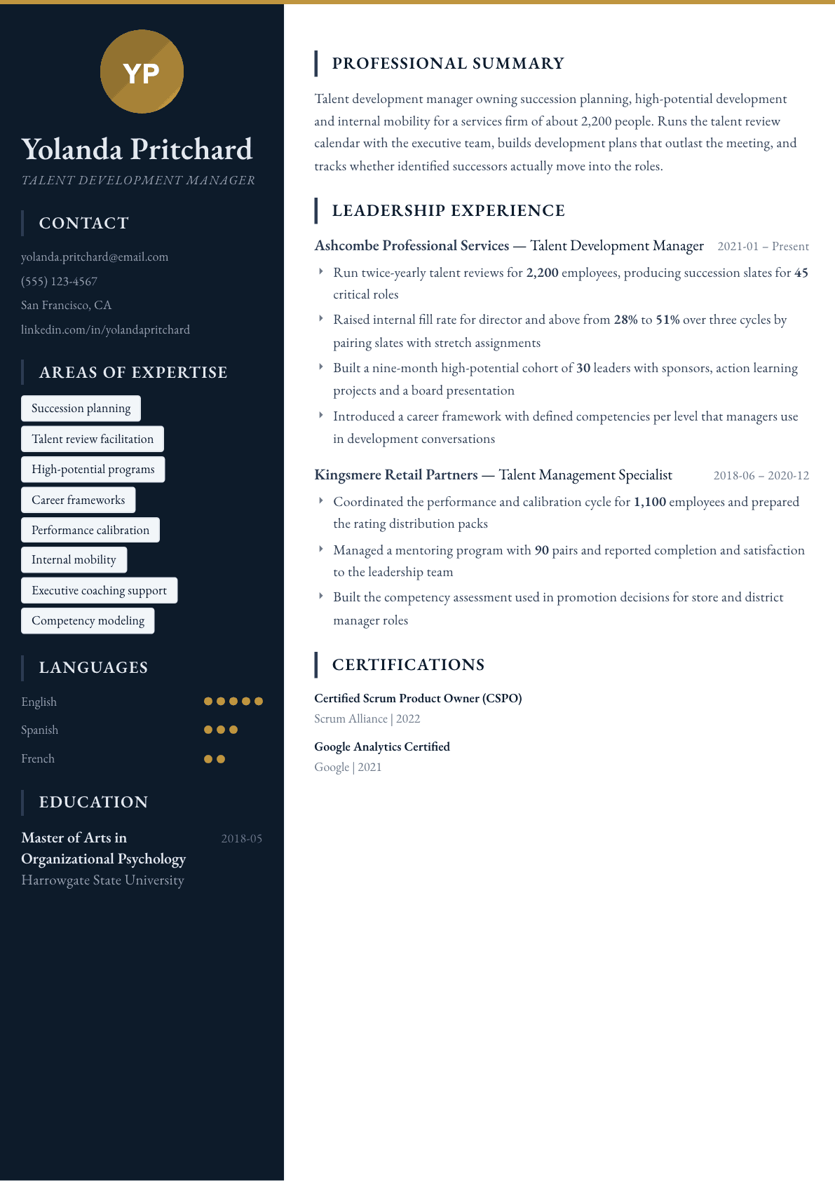 Talent Development Manager resume example, Presidio template