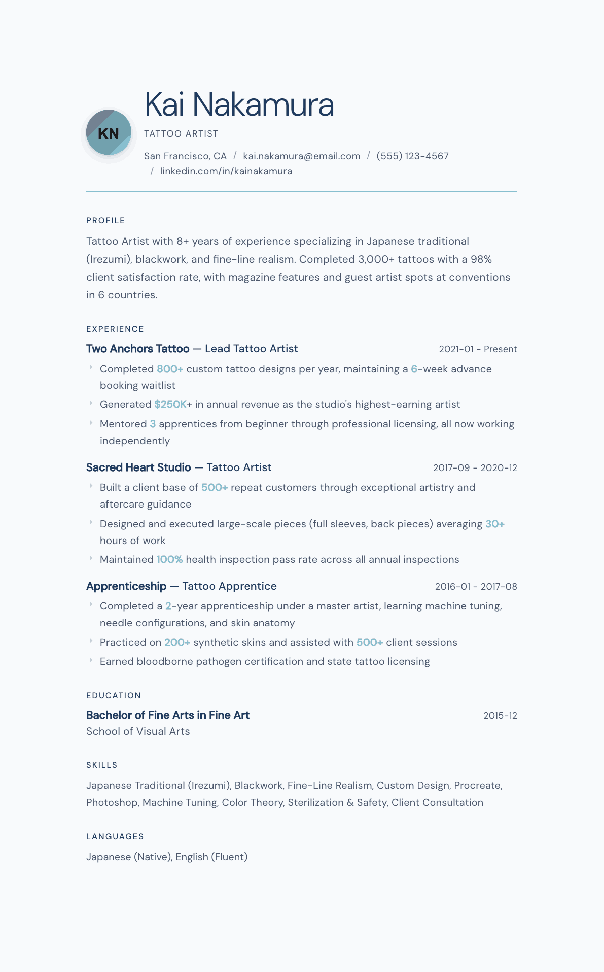 Tattoo Artist resume example, Nordic Frost template