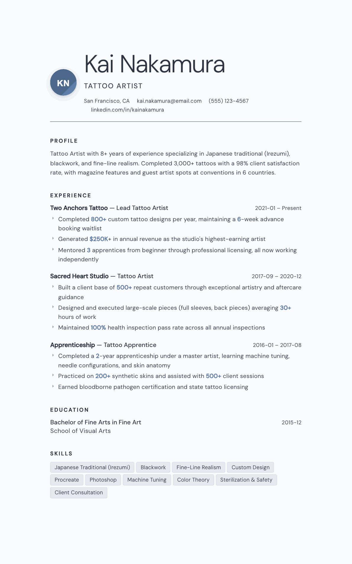 Tattoo Artist resume example, Nordic template