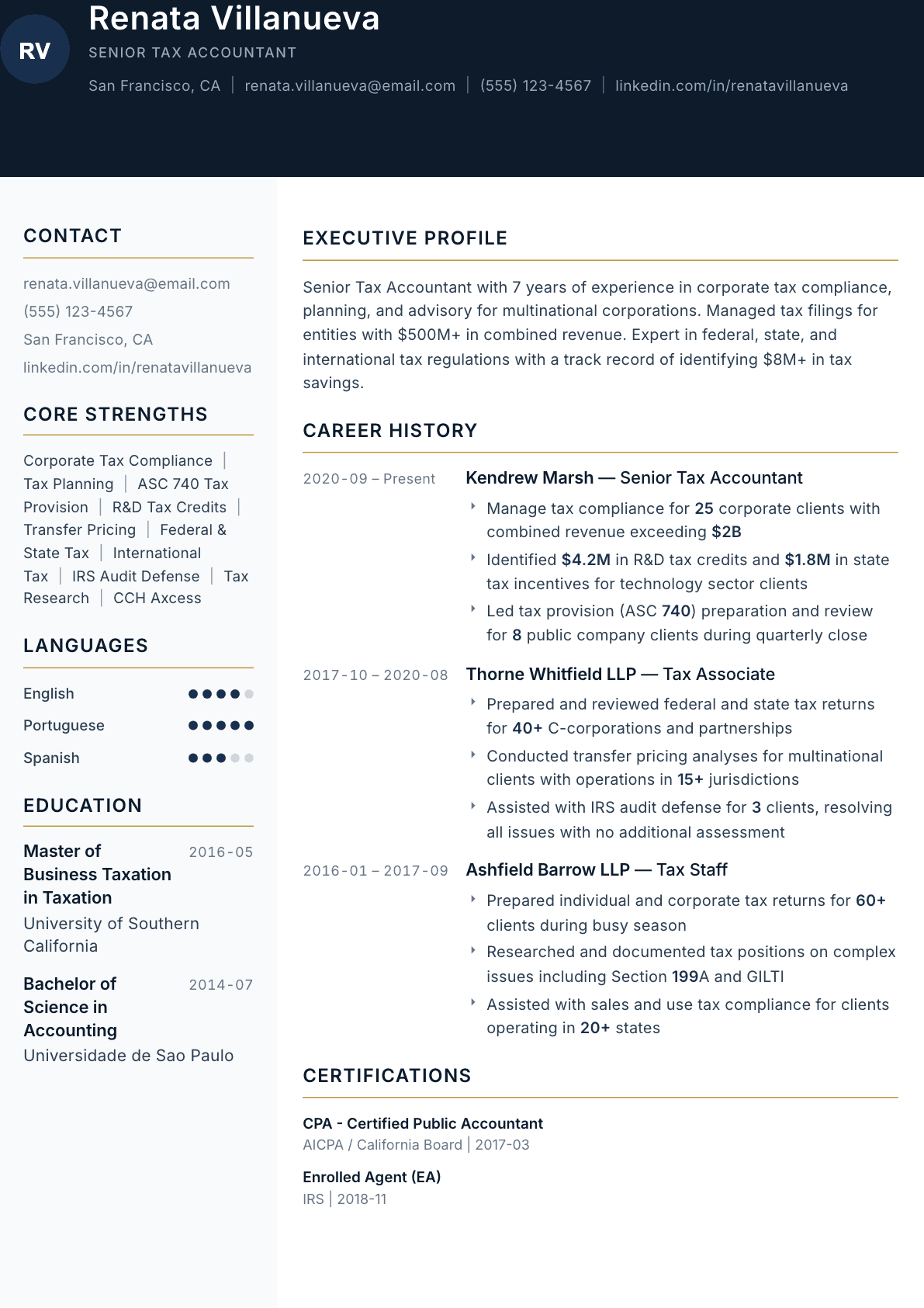 Tax Accountant resume example, Consulate template