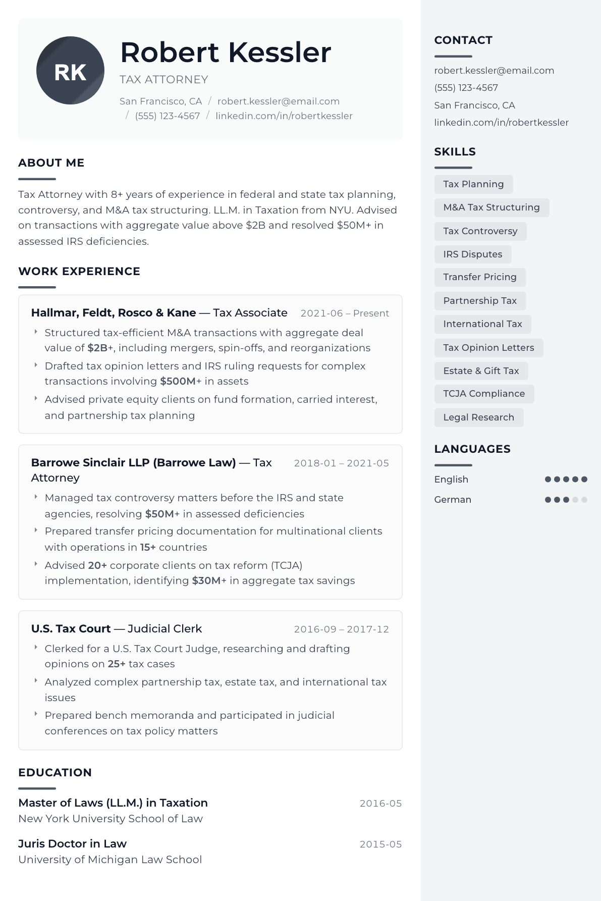 Tax Attorney resume example, Metropolitan template