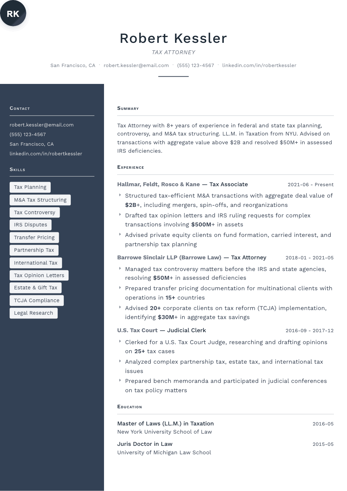 Tax Attorney resume example, Fold template