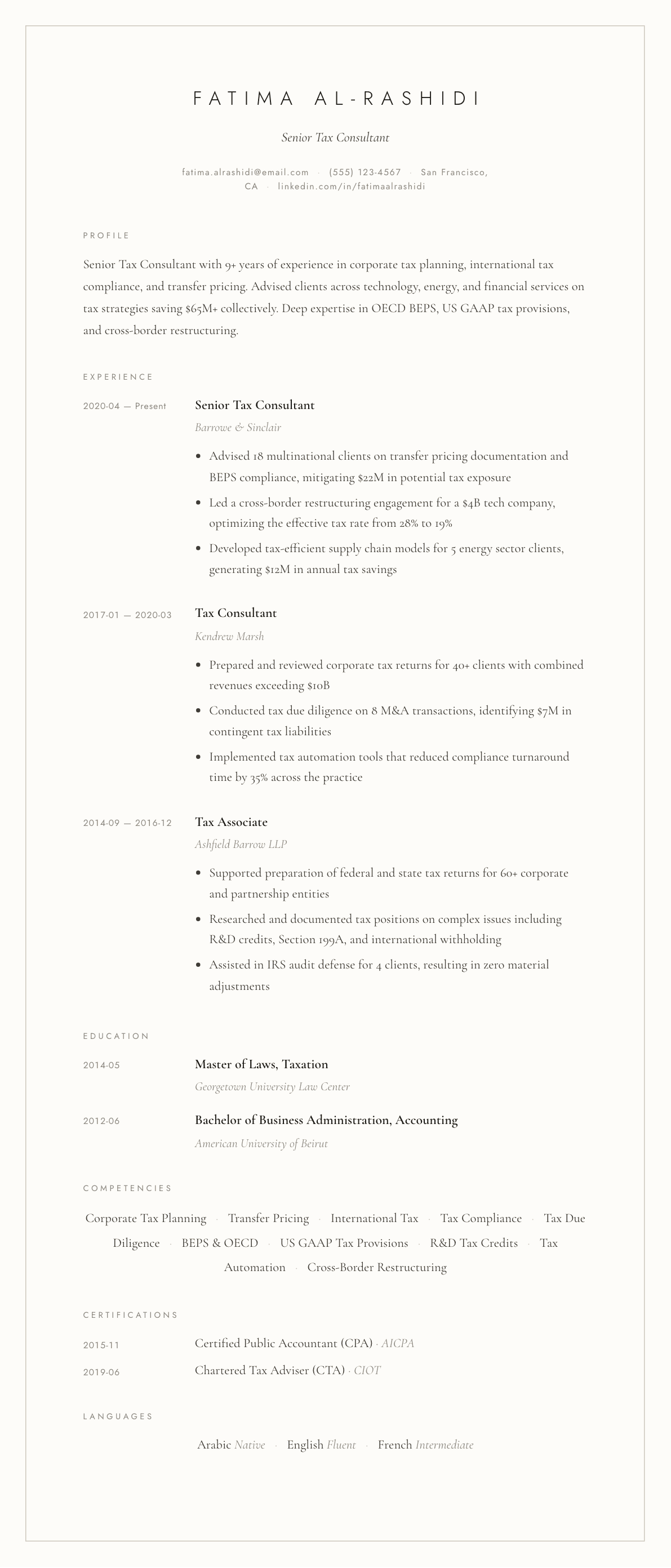 Tax Consultant resume example, Vellum template