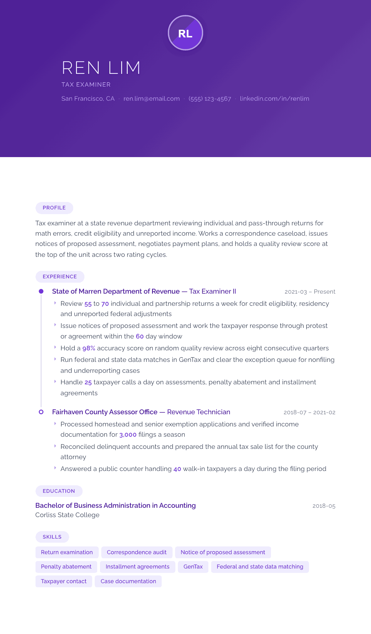 Tax Examiner resume example, Canvas template