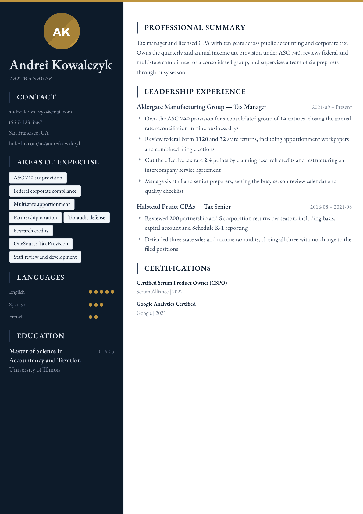Tax Manager resume example, Presidio template