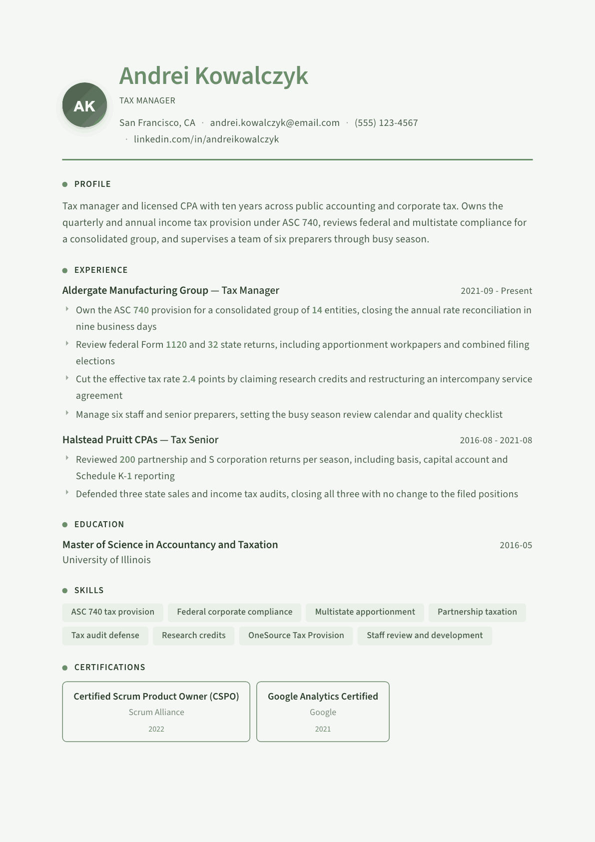Tax Manager resume example, Sage Garden template