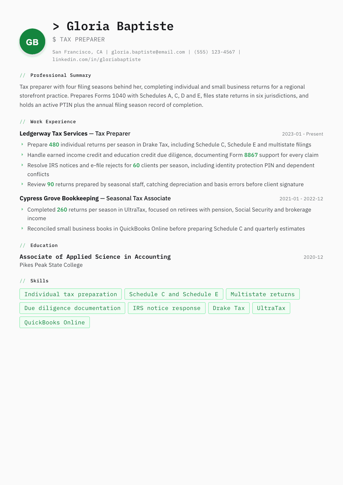 Tax Preparer resume example, Amsterdam template