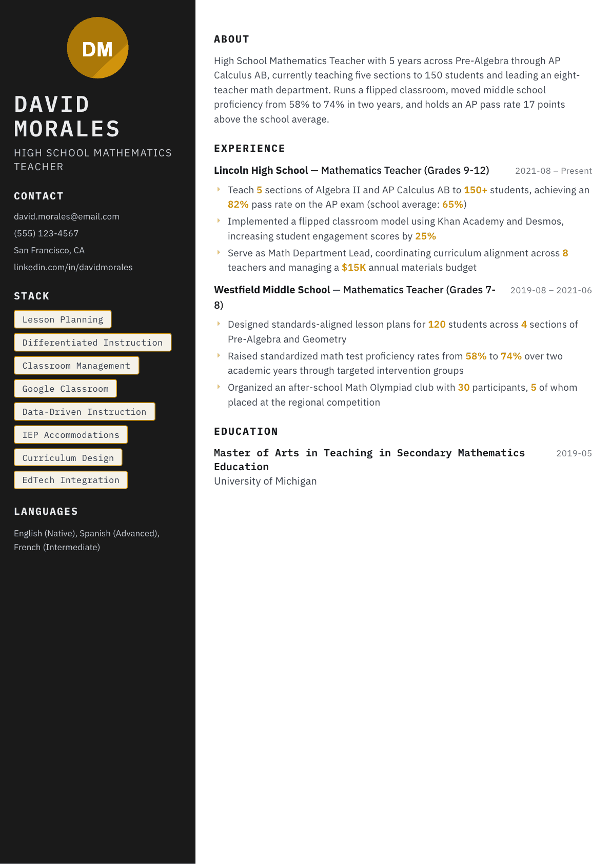 Teacher resume example, Neon template