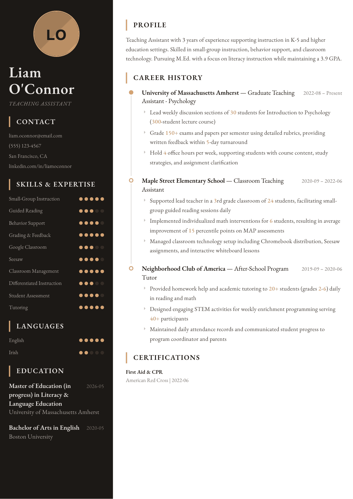 Teaching Assistant resume example, Heritage template