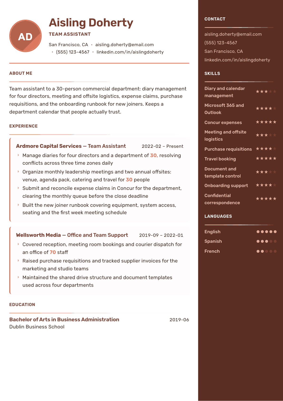 Team Assistant resume example, Mosaic template