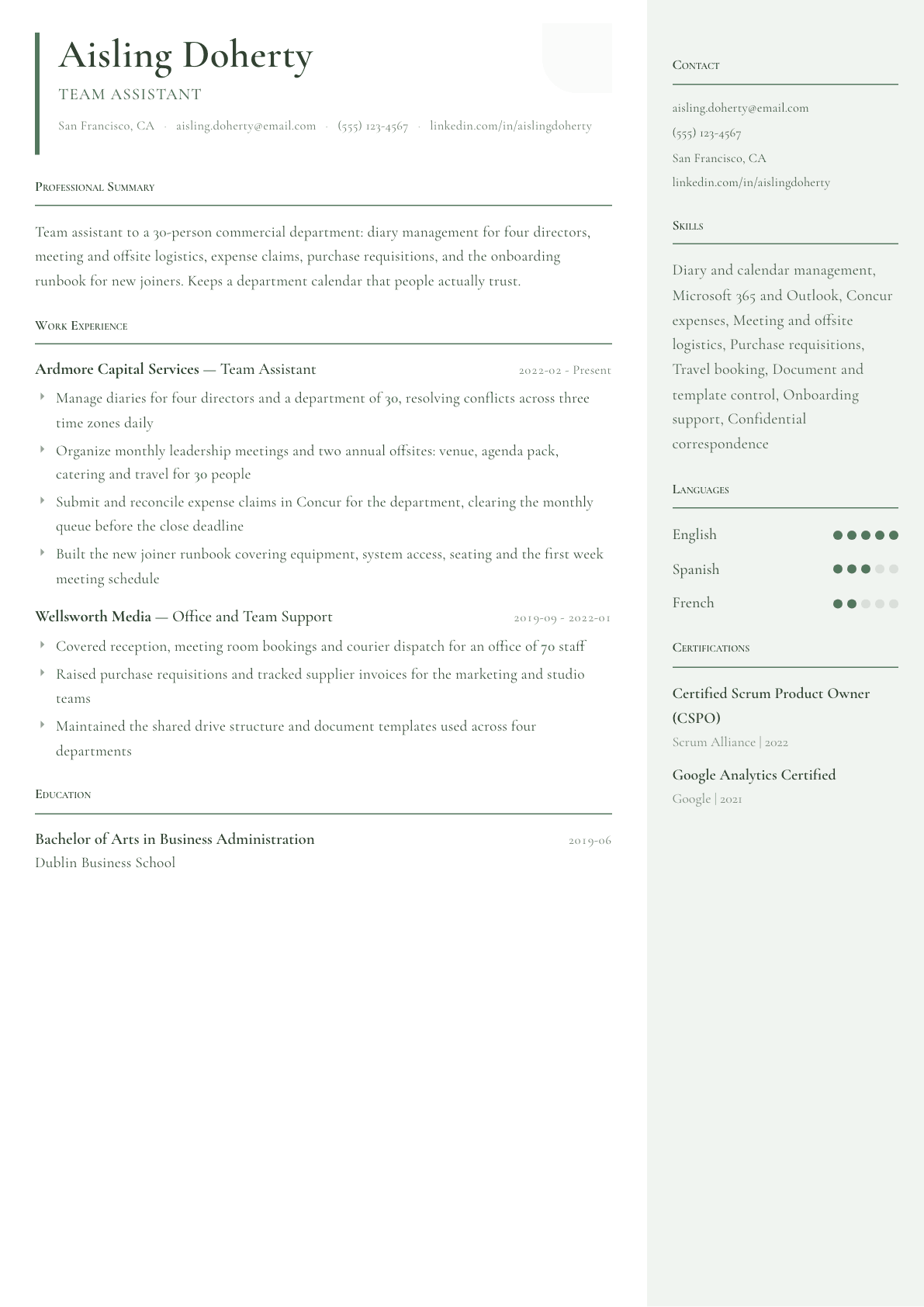 Team Assistant resume example, Copenhagen template