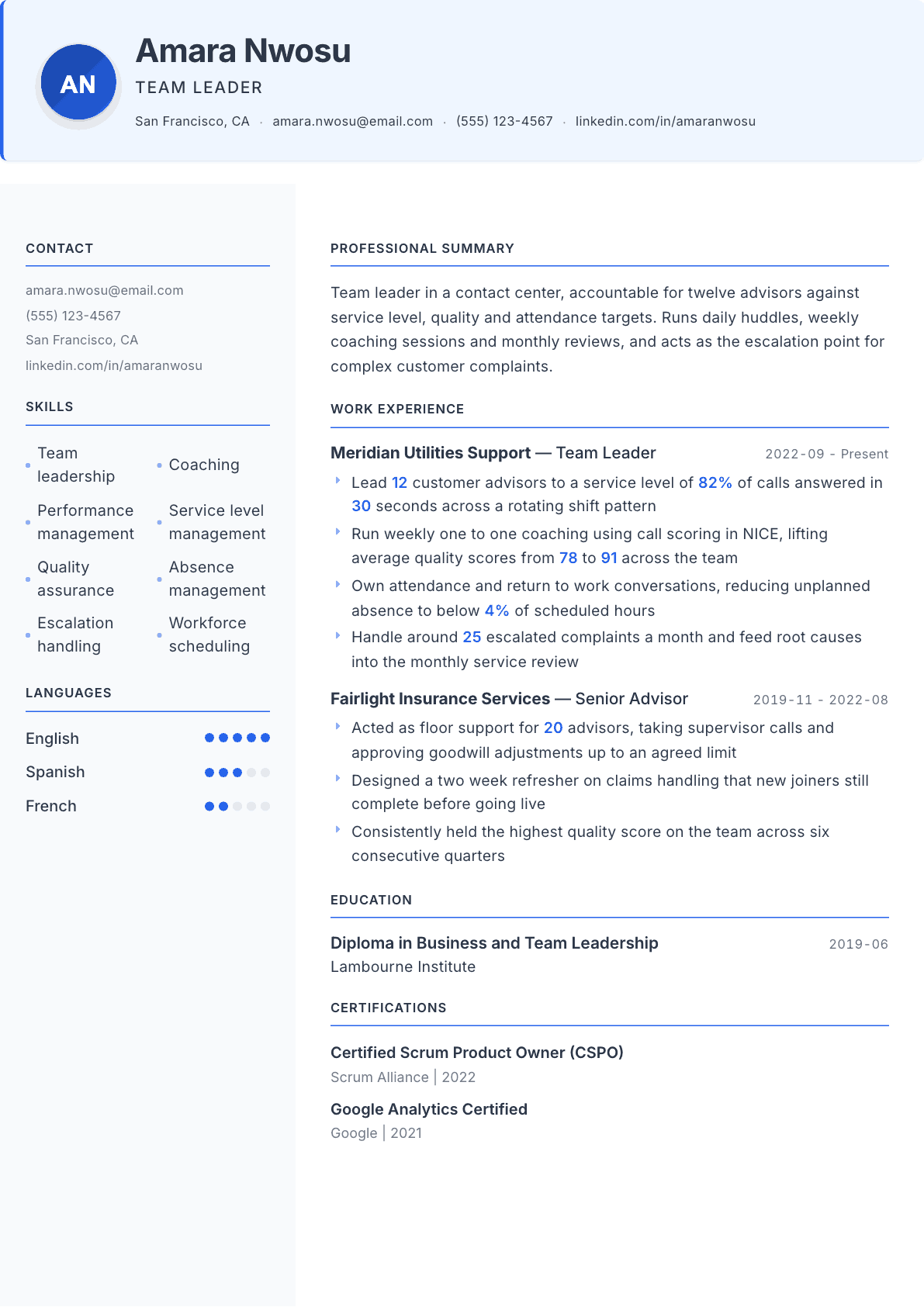 Team Leader resume example, Geneva template
