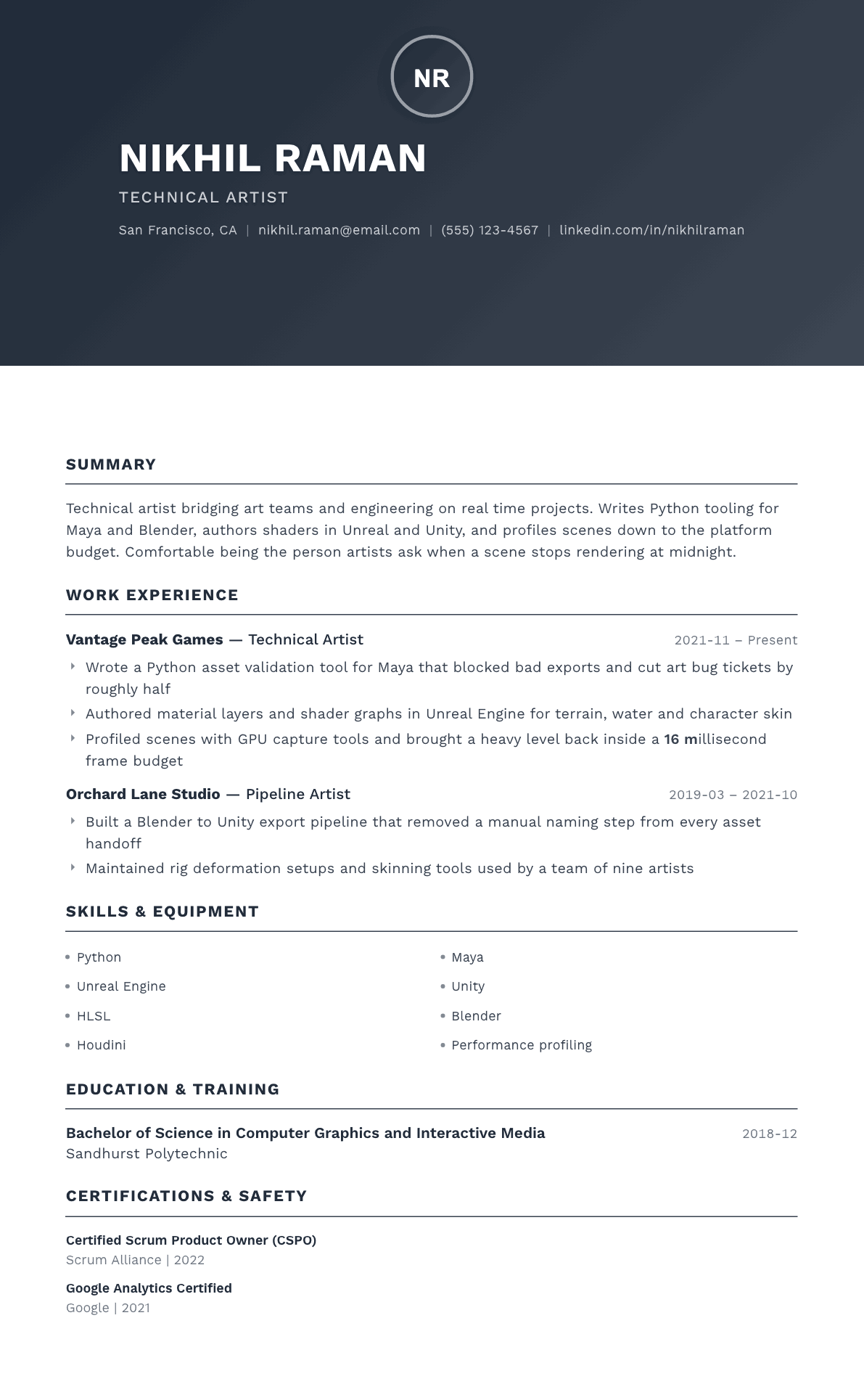 Technical Artist resume example, Foundation template