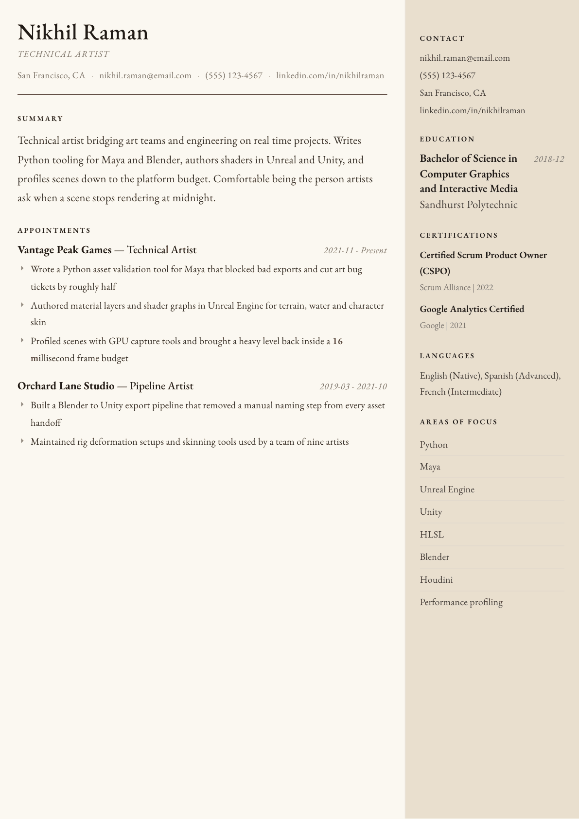 Technical Artist resume example, Manuscript template