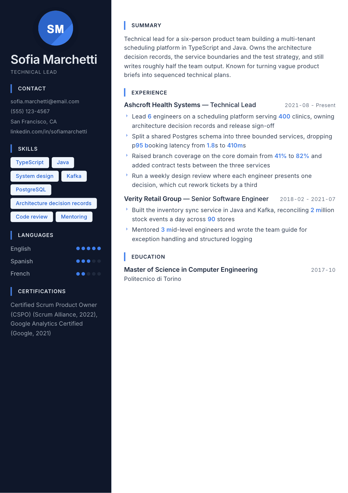 Technical Lead resume example, Midnight Sapphire template