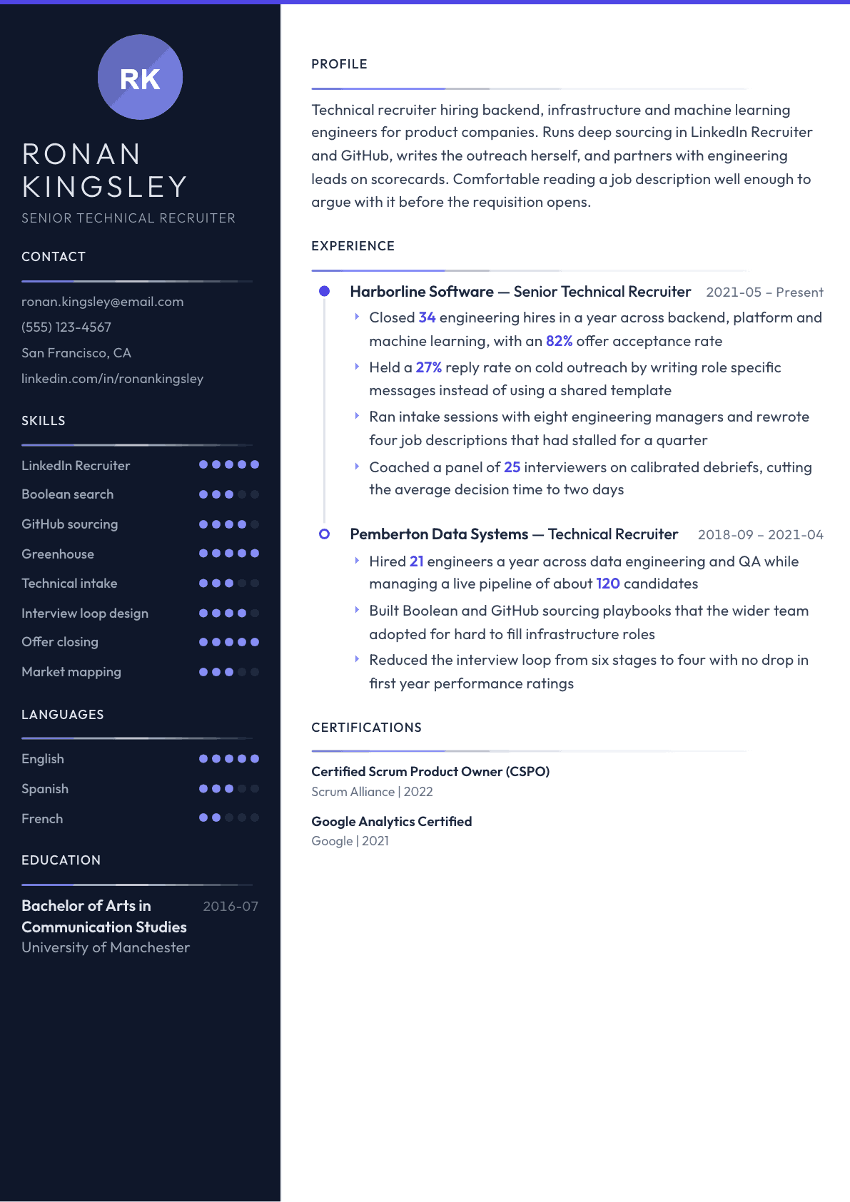 Technical Recruiter resume example, Zenith template