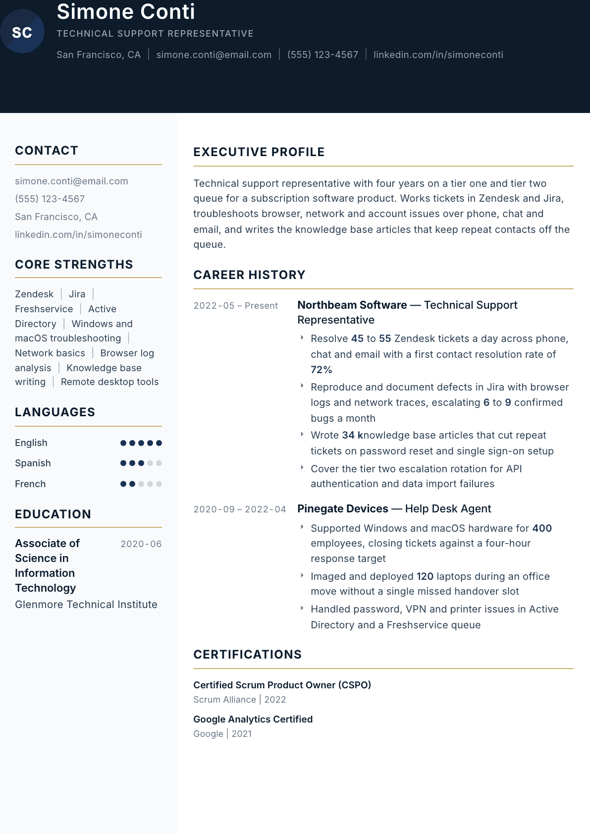 Technical Support Representative resume example, Consulate template