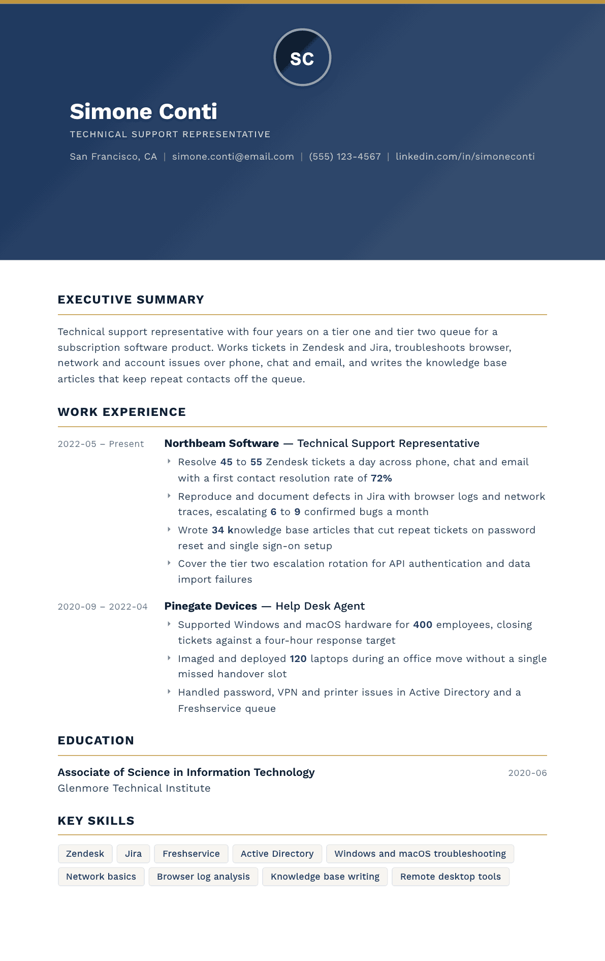 Technical Support Representative resume example, Sovereign template