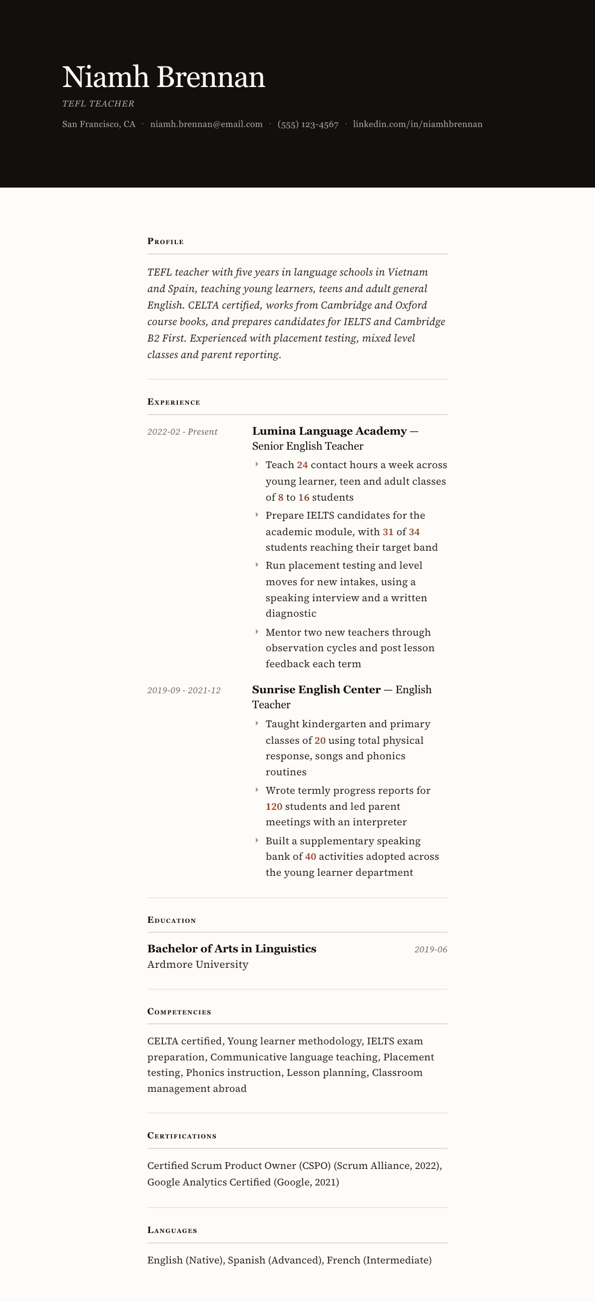 TEFL Teacher resume example, Broadsheet template