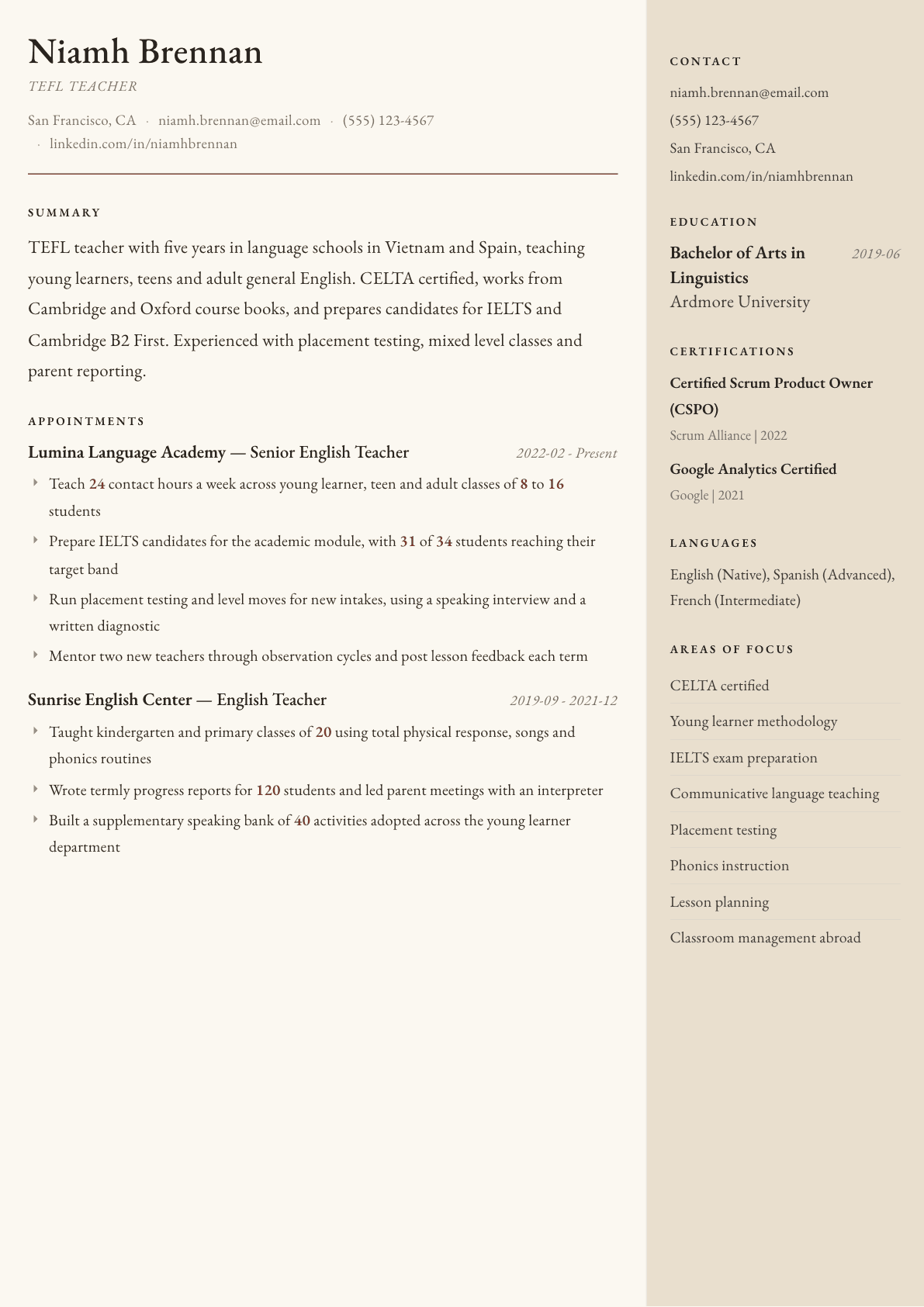 TEFL Teacher resume example, Manuscript template