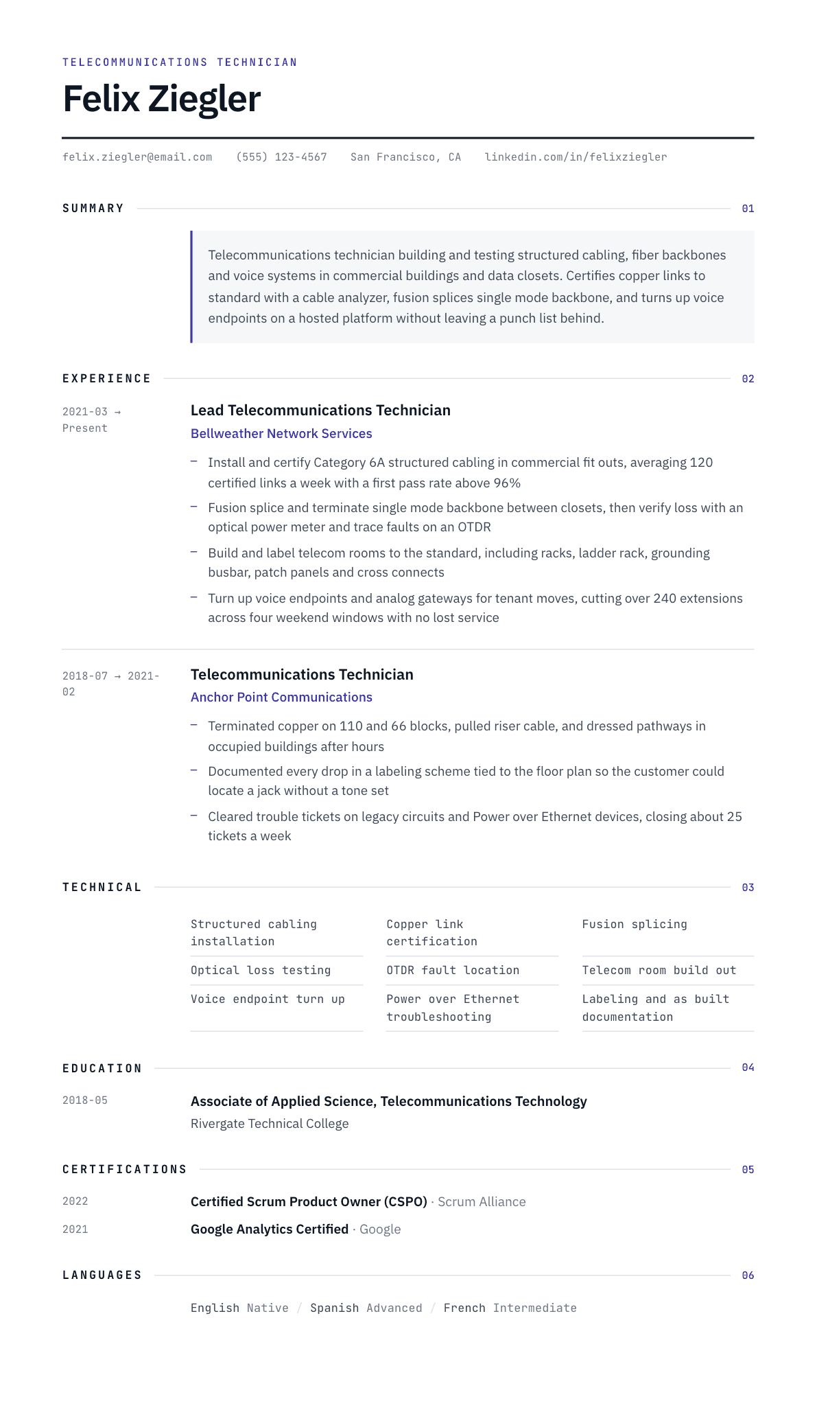 Telecommunications Technician resume example, Substrate template