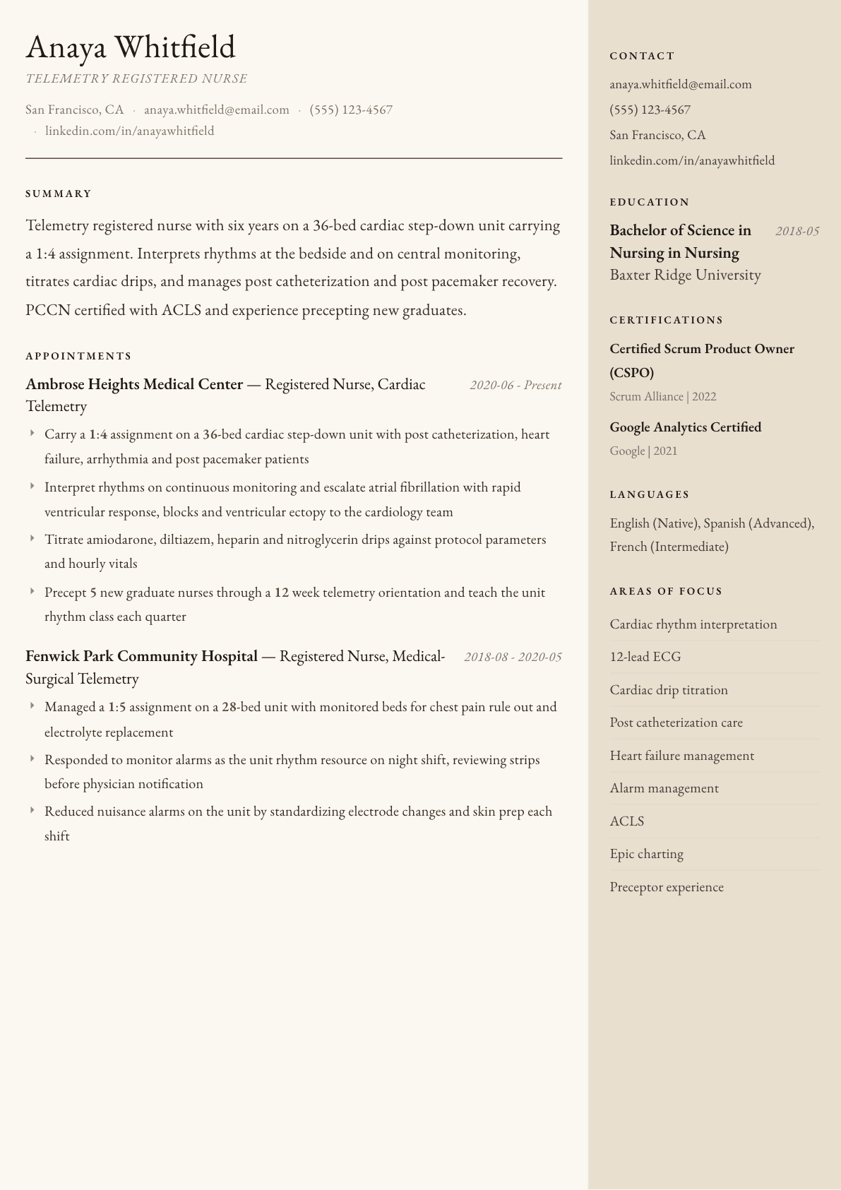 Telemetry Nurse resume example, Manuscript template