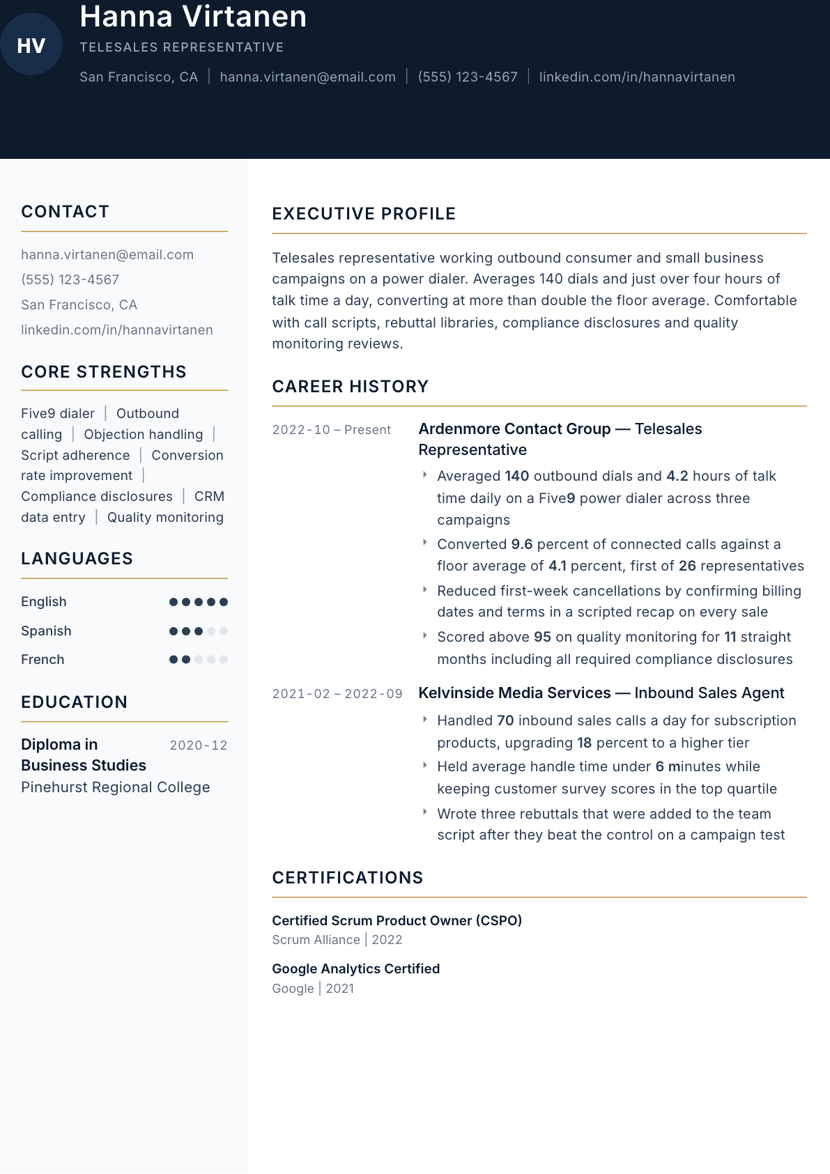 Telesales Representative resume example, Consulate template