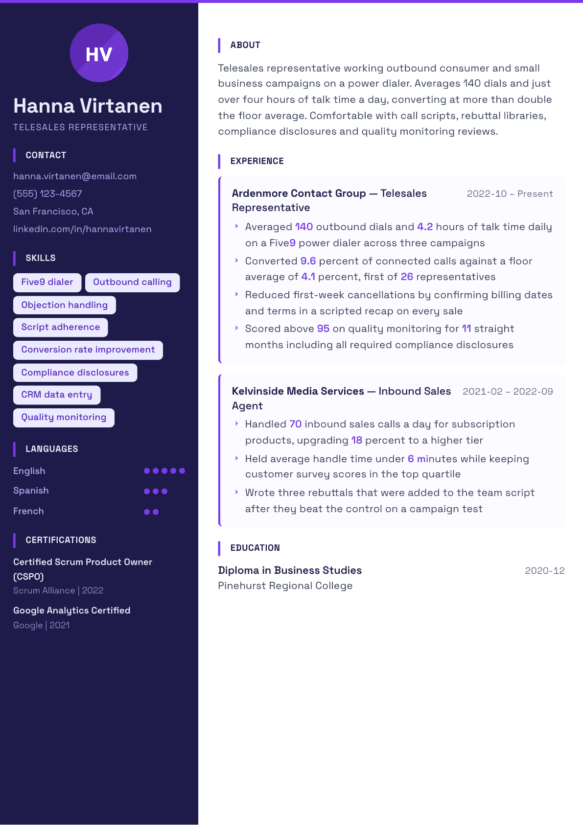 Telesales Representative resume example, Solstice template
