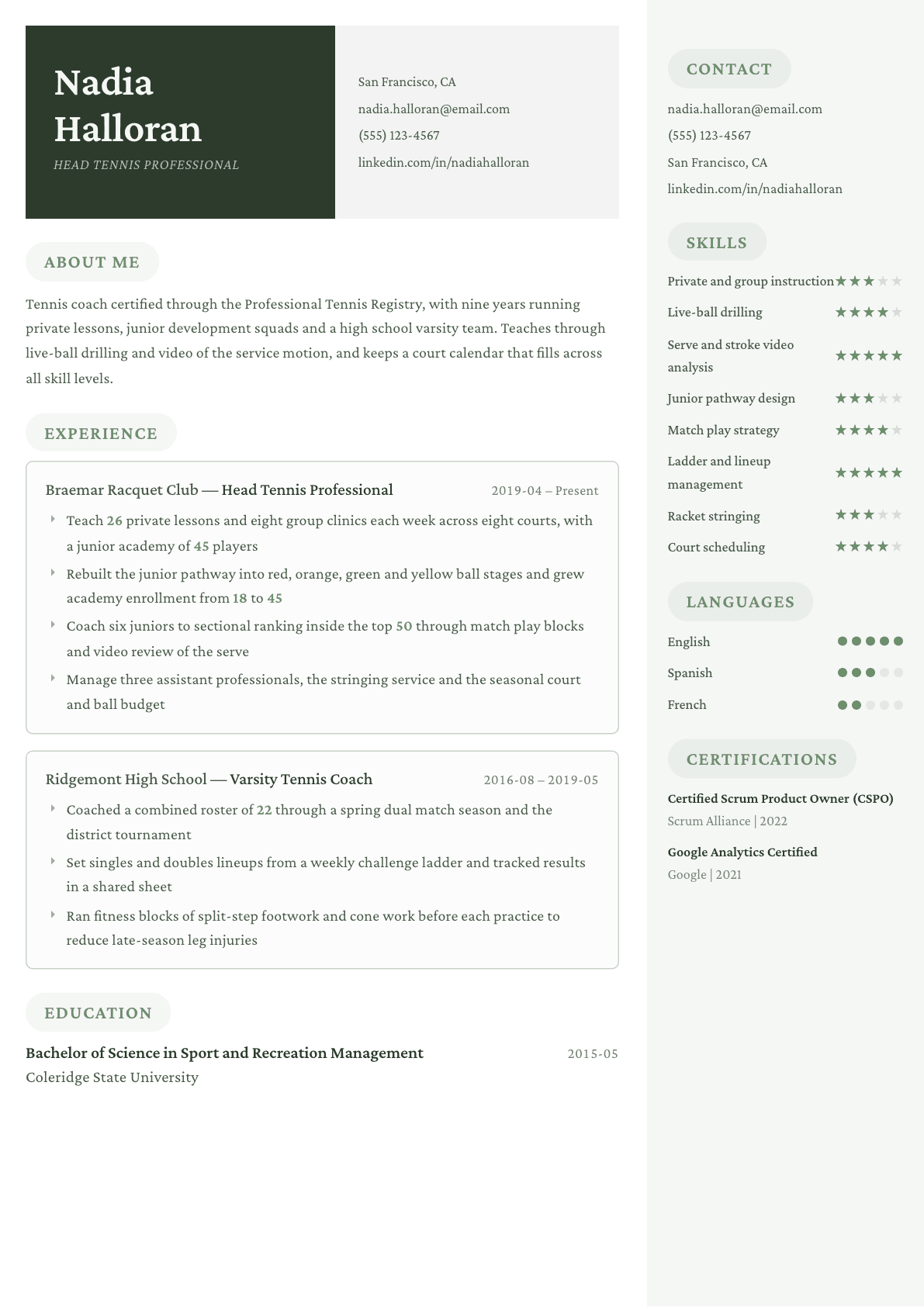 Tennis Coach resume example, Mayfair template