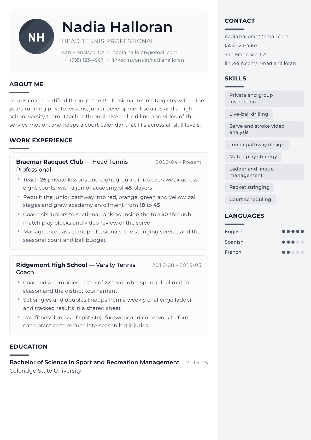 Tennis Coach resume example, Metropolitan template