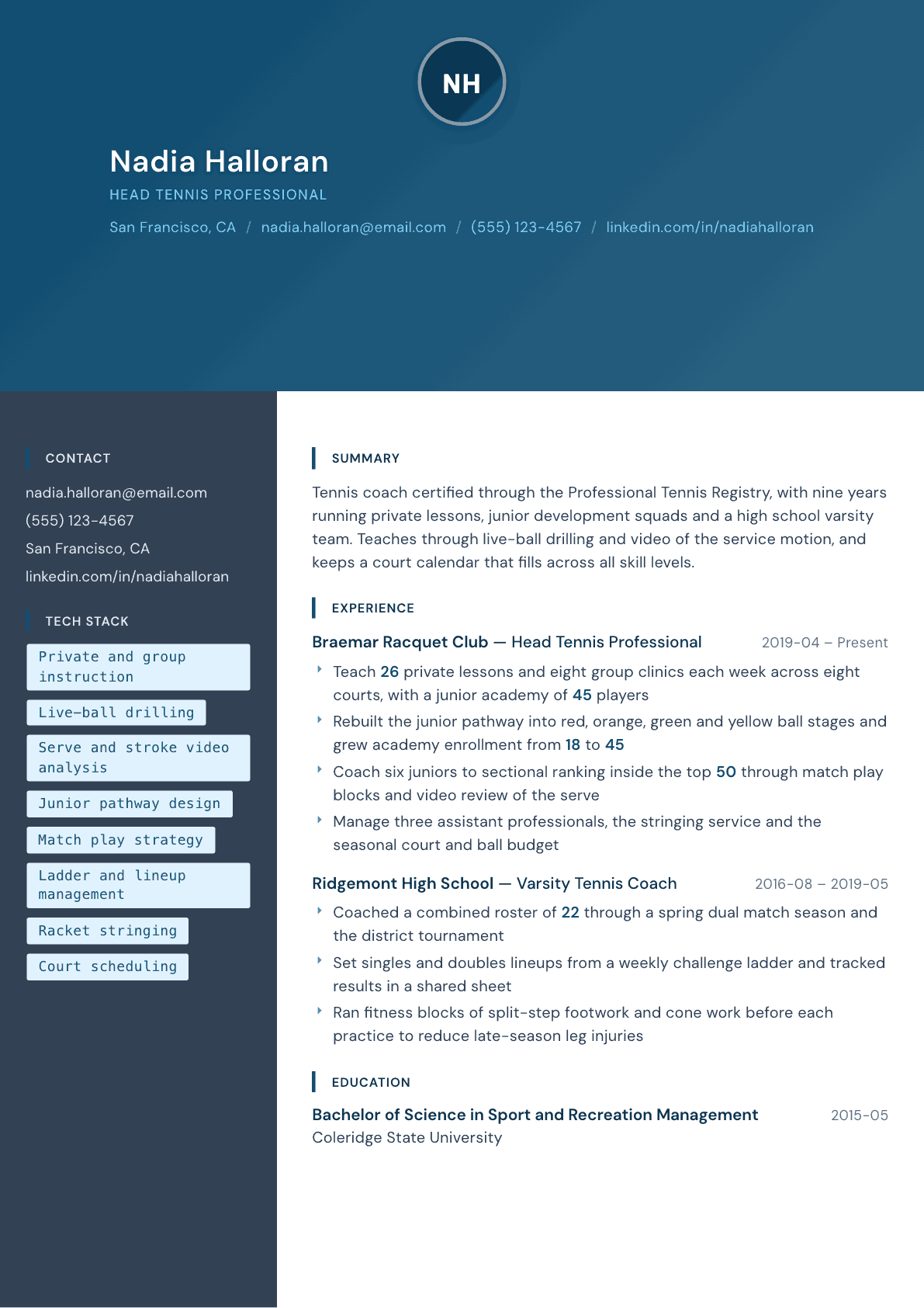 Tennis Coach resume example, Prism template