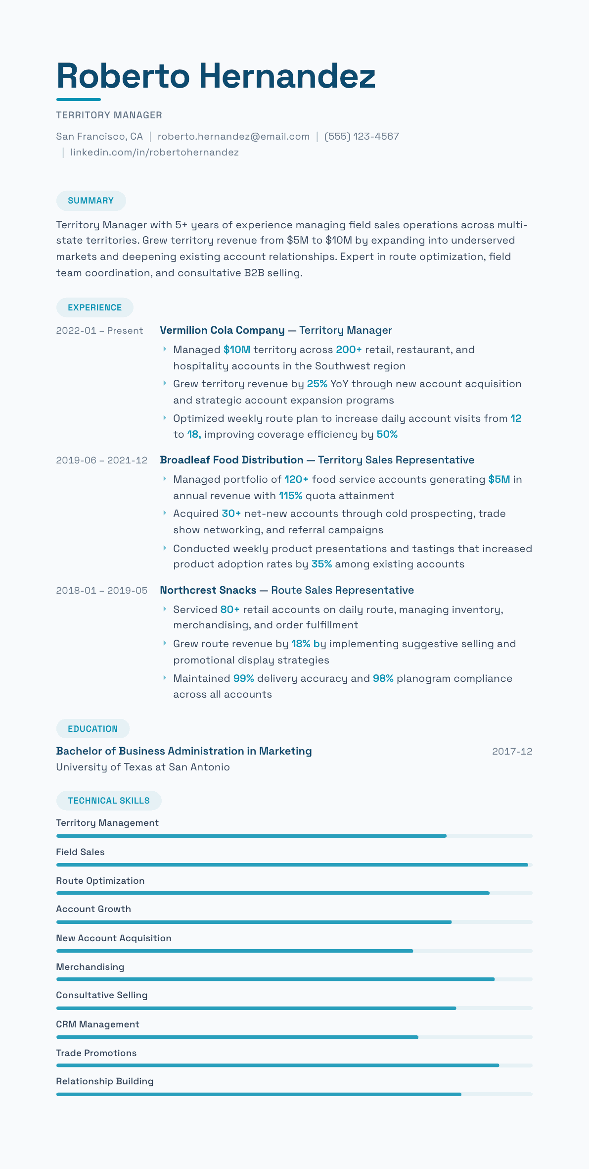Territory Manager resume example, Horizon template