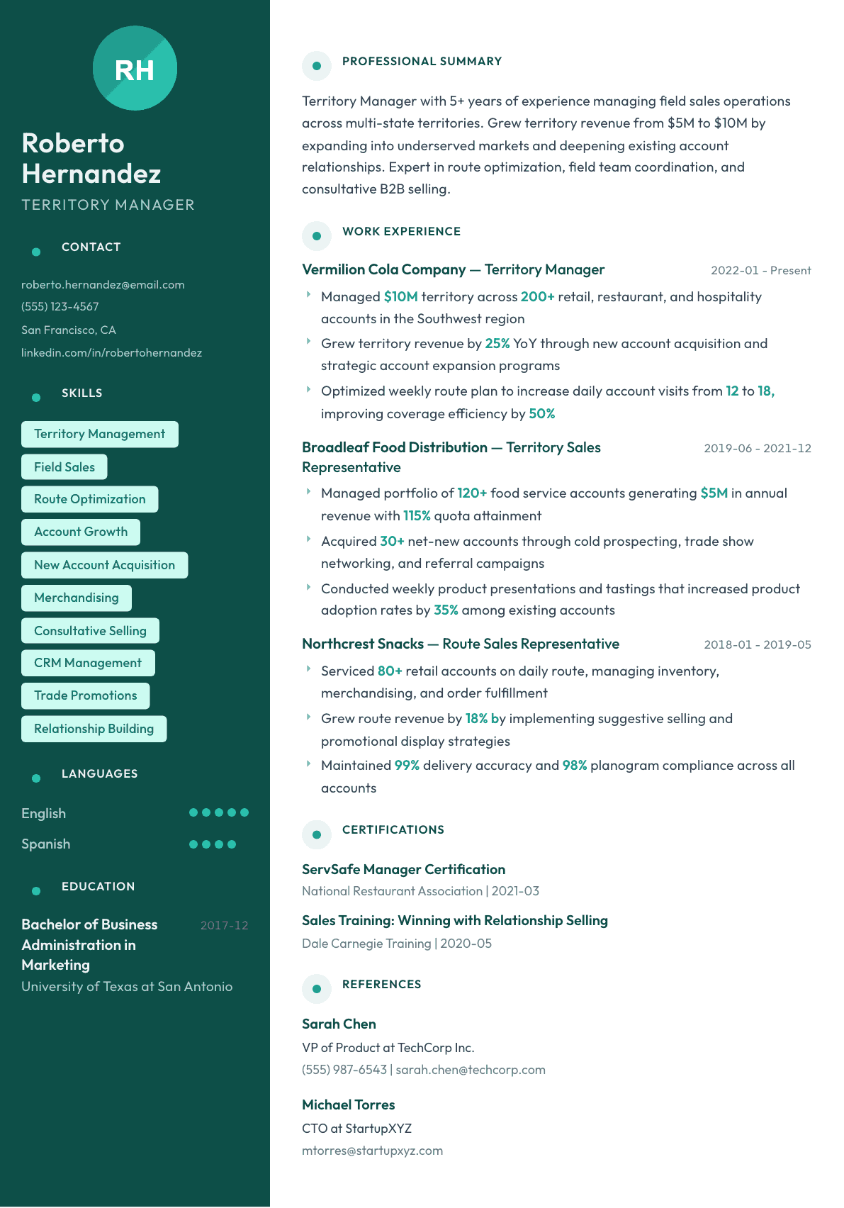 Territory Manager resume example, Vienna template